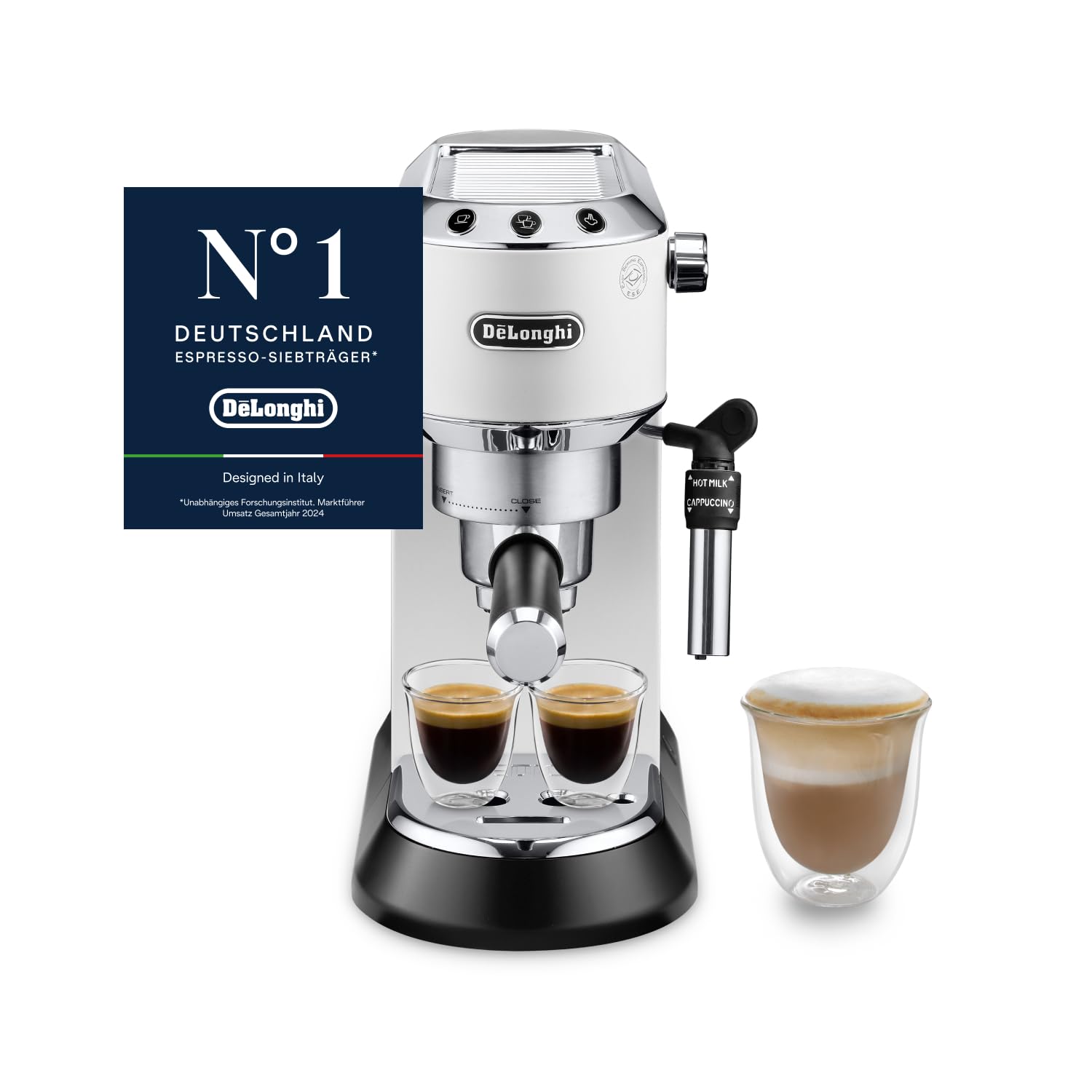 De'Longhi Dedica Style - Perfetto Kompakte Siebträgermaschine Espressomaschine mit Tasten, manuellem Milchaufschäumer für Espresso und Cappuccino, ESE Pad geeignet, 15cm breit, Weiß (EC685.W)