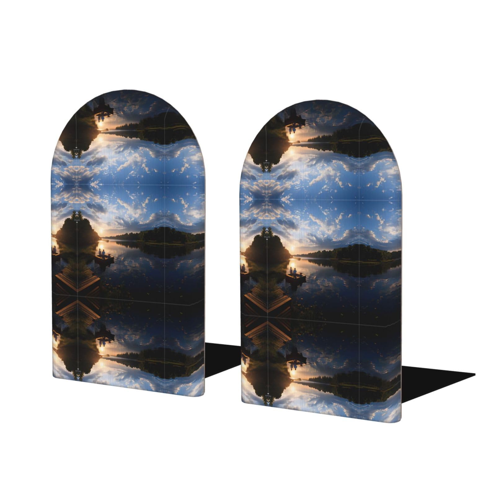 Fishing Scenic Stylish Bookends with Full-Print Design Durable Wooden and Metal Bookend Set for Home, Office