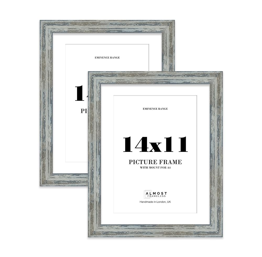 14x11" Distressed Blue Picture Frame with A4 Mount - Reclaimed Wood Style Photo Frame with Distressed Finish, Wall Hooks and Kickstand, 32mm Edge - 2 Pack