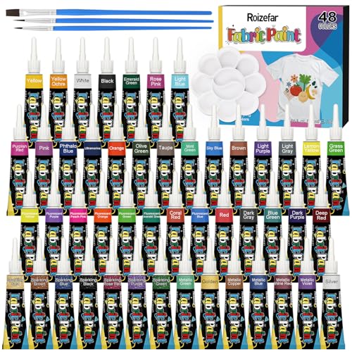 Roizefar Fabric Paint Set, 48 Colors with Metallic, Glitter &