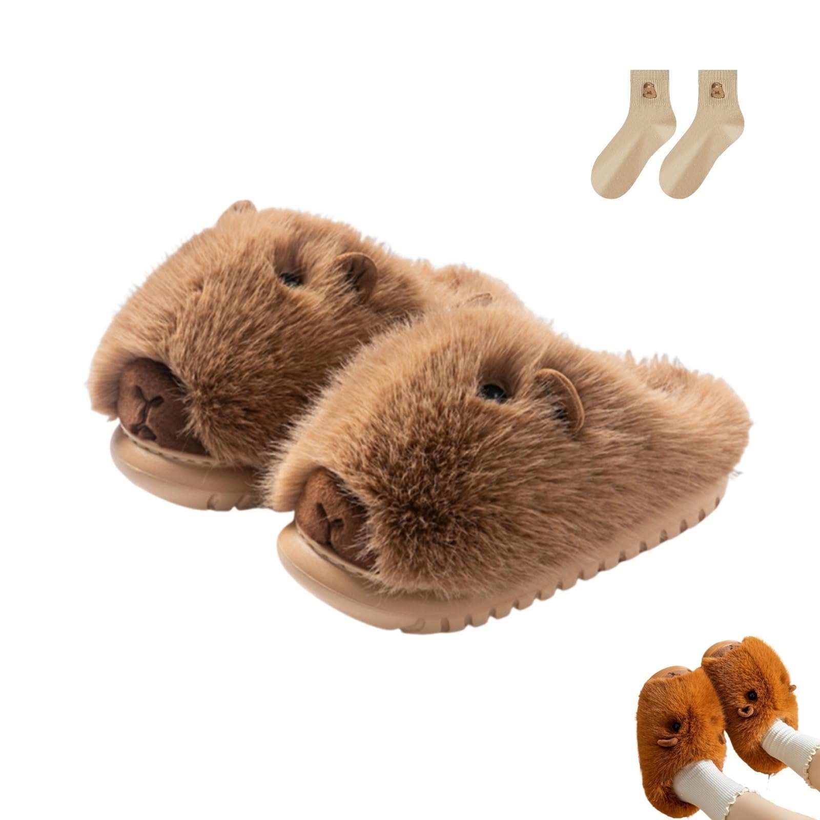 FJZFXKZL Capybara Plush Slippers, Cartoon Furry Non Slip Slides for Women, Cute Winter Warm Anti-Slip House Shoes Indoor Outdoor(Khaki,40-41)