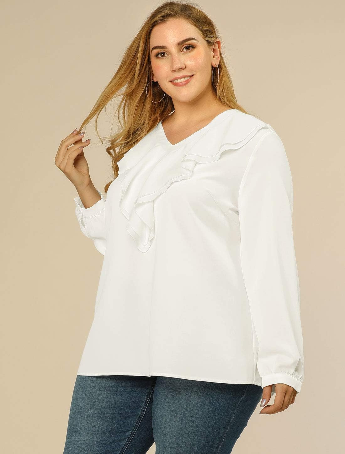 Agnes Orinda Women's Plus Size Ruffle Blouse Chiffon V Neck Work Office Long Sleeve Shirt Tops - Image 4