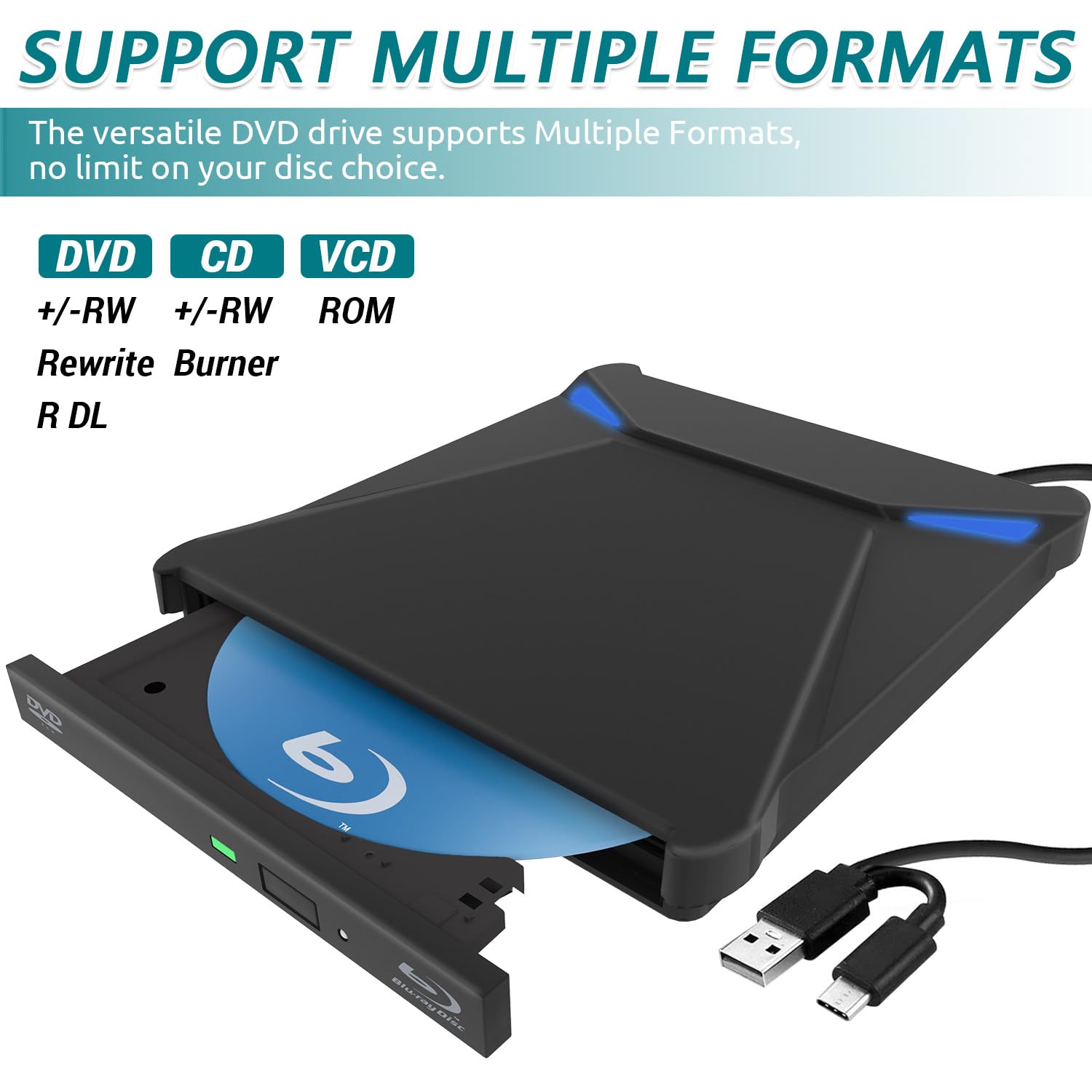 Lecteur Blu-Ray Externe, Lecteur Blu Ray Externe Portable USB 3.0 et Type-C Lecteur Blu Ray 3D BD Lecteur CD DVD Drive Player, Slim Optical Bluray Drive Reader pour Windows XP/7/8/10