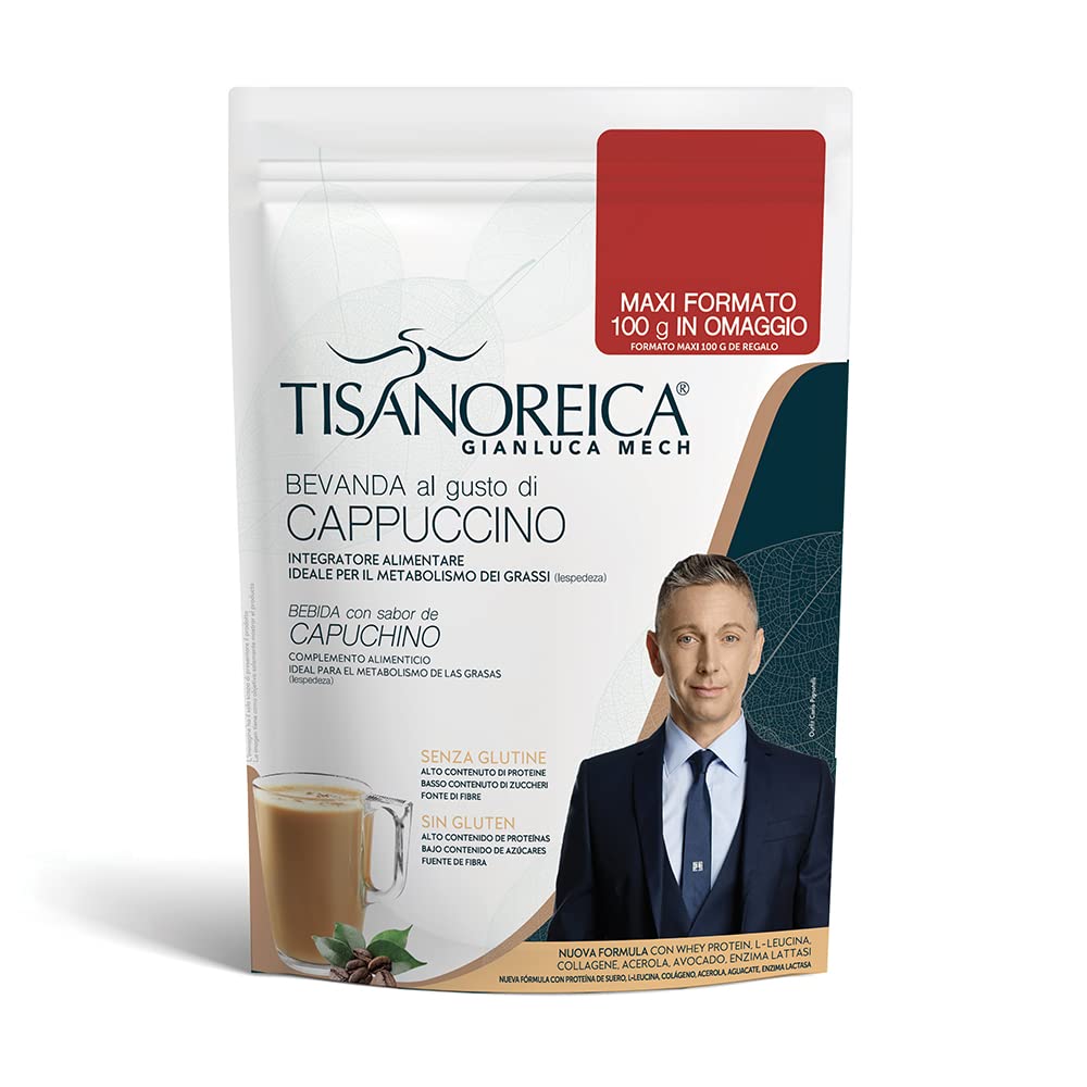 Gianluca Mech | Tisanoreica Bevanda Proteica al Gusto di Cappuccino, Integratore Alimentare Keto, Supporto Massa Muscolare, 345kcal per 100g, Formato 500g