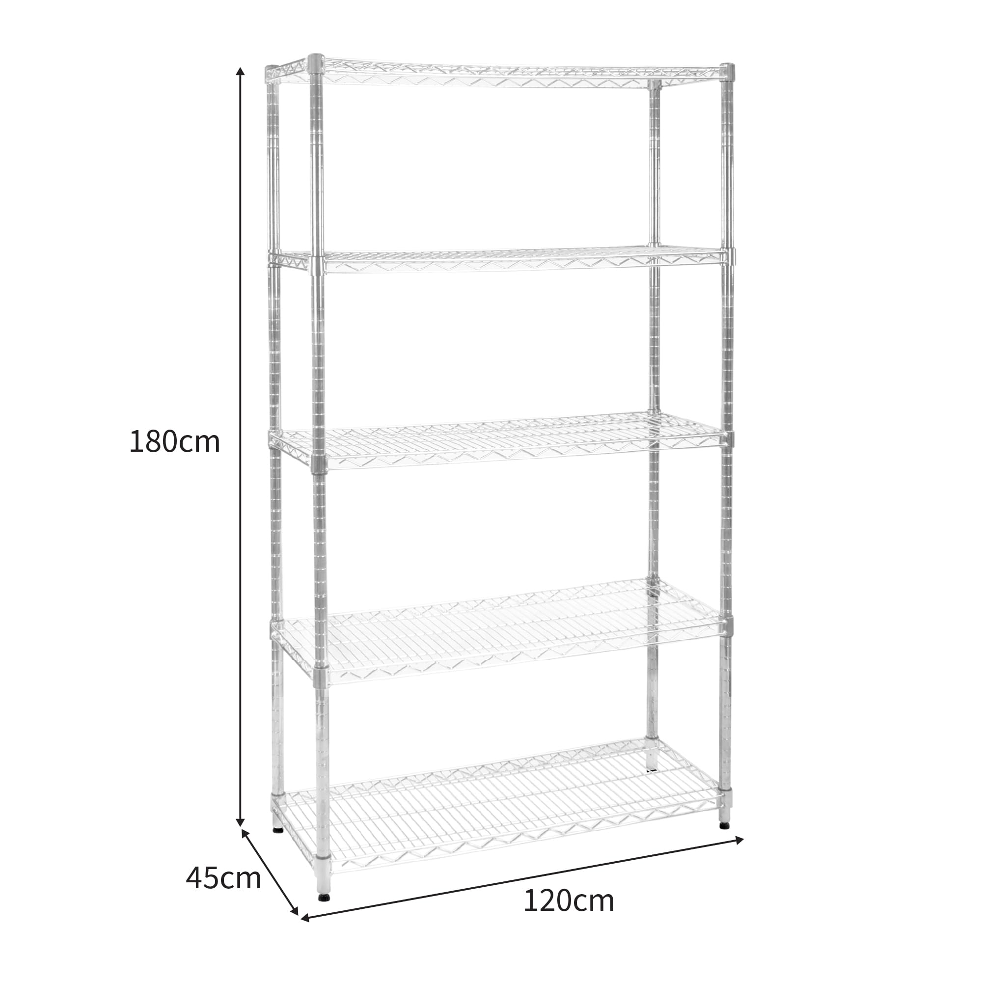 Drahtregal 5-stufiges Metall-Aufbewahrungsregal Heavy Duty Freistehend Höhenverstellbaren Böden & Füße Multifunktional Küche Büro Garage Speisekammer Silber Chrom 1000kg Tragfähigkeit 45 x 120 x 180cm