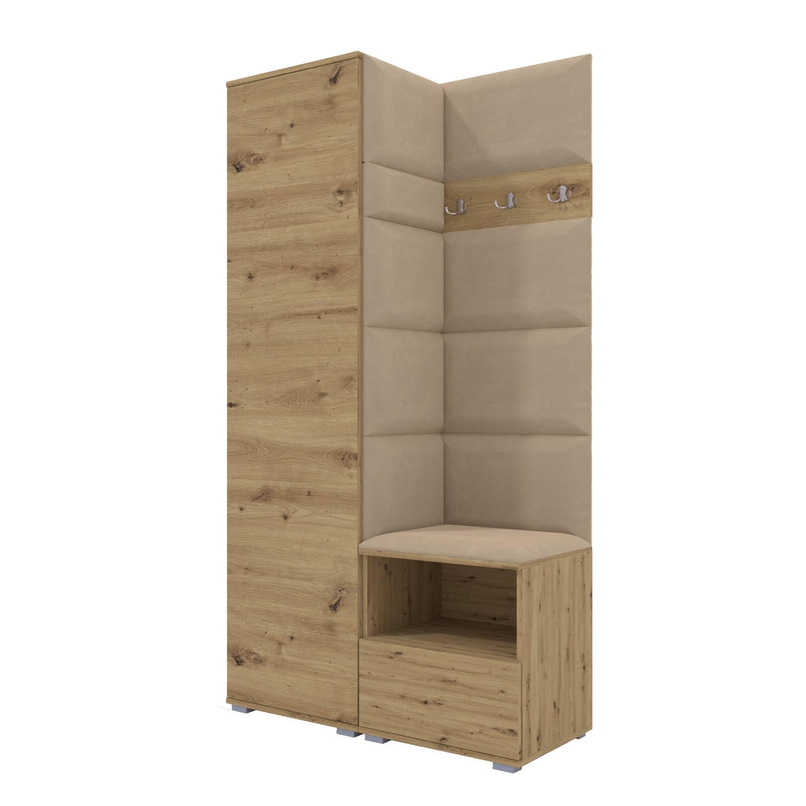 RAVIO Flurgarderobe 100 cm mit Kleiderschrank & Schuhschrank, Garderobenset Flur mit Sitzbank, Garderobenpaneel, Wandpolster & Push to Open Türen - Artisan Eiche/Wandpaneele Beige