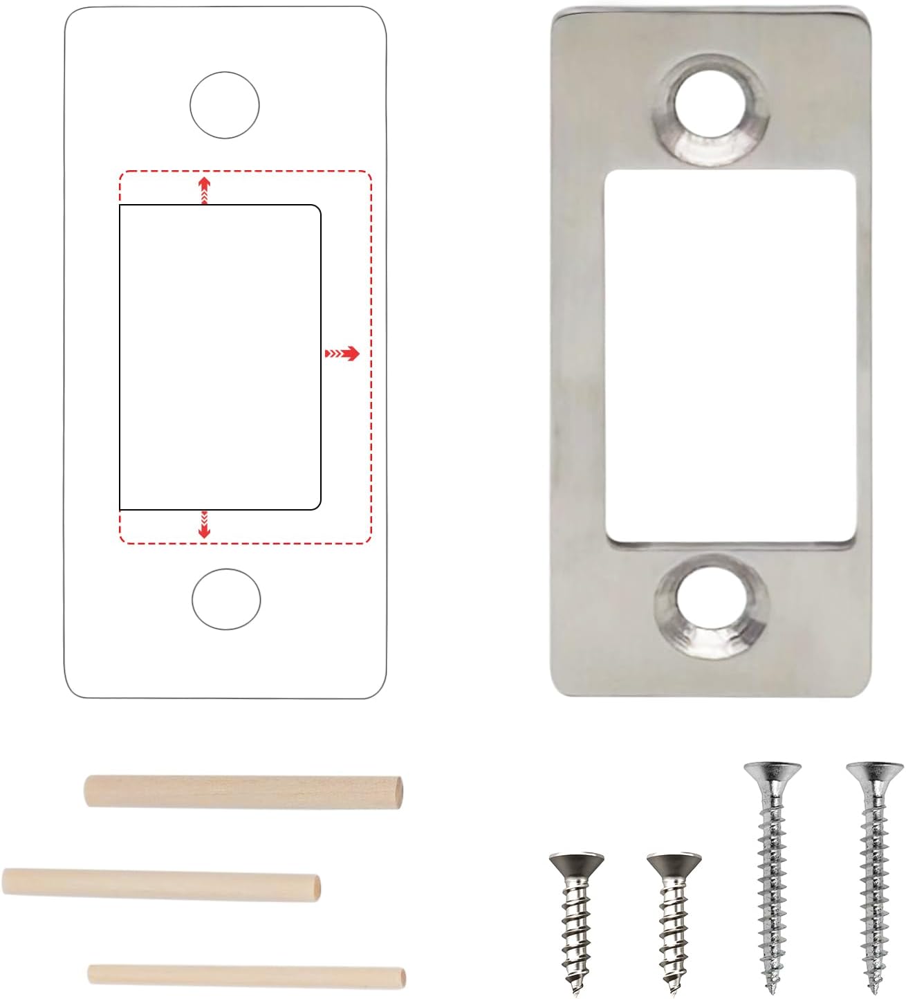 1 Pack Deadbolt Strike Plate Door Backplate, Large Hole and Narrow Edge Frame Striker for Door Latch with Screws and Repair Wood Strips, Repair Deadbolt Misalignment/Stuck/Sticked (Silver)