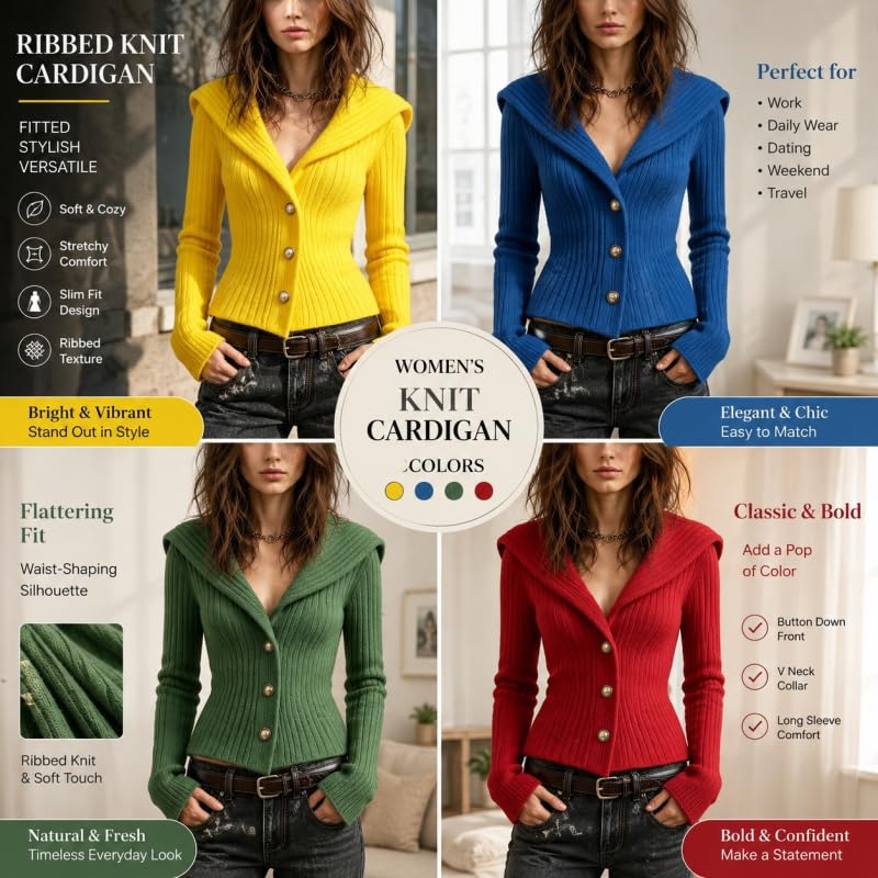 Cardigan Da Donna A Coste Con Scollo A V Vestibilità Slim Abbottonatura Frontale Maglia Elasticizzata Elegante Maglione Corto A Maniche Lunghe Giacca Morbida E Comoda Capospalla Per Ufficio Lavoro