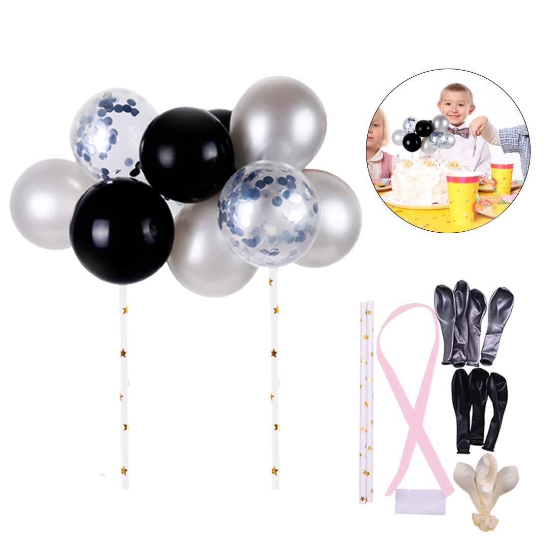 O-Kinee Balloon Birthday Cake Decoration Cake Topper Garland Mini Cake Confetti Latex Balloons Party Decoration，for Cake Decoration Birthday Wedding Baby Shower (Black Silver)
