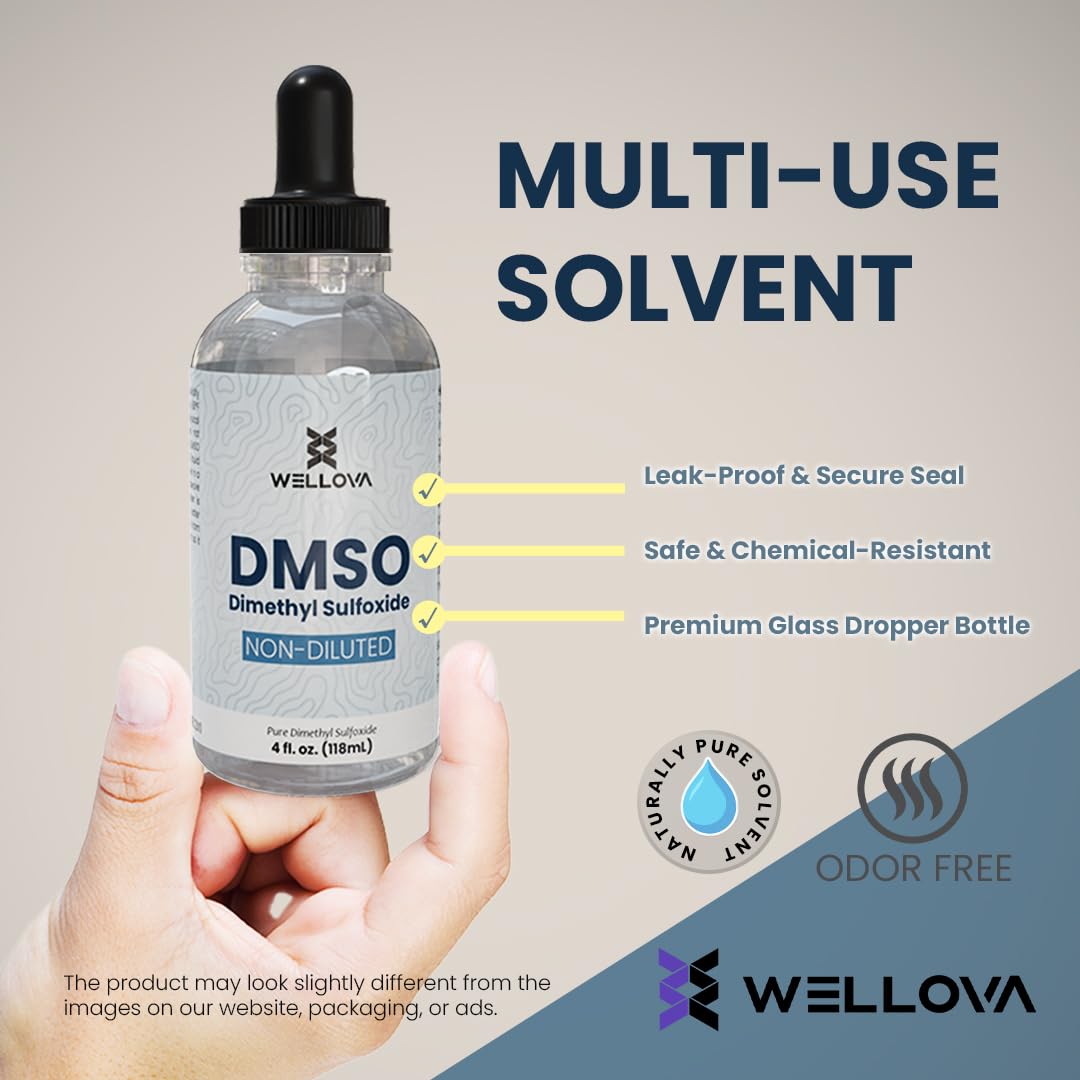 Wellova DMSO 99.9% Pharmaceutical Grade with 99.9% Purity & Low Odor - 4oz (Dimethyl Sulfoxide) Clear Glass Bottle with Dropper - Image 3