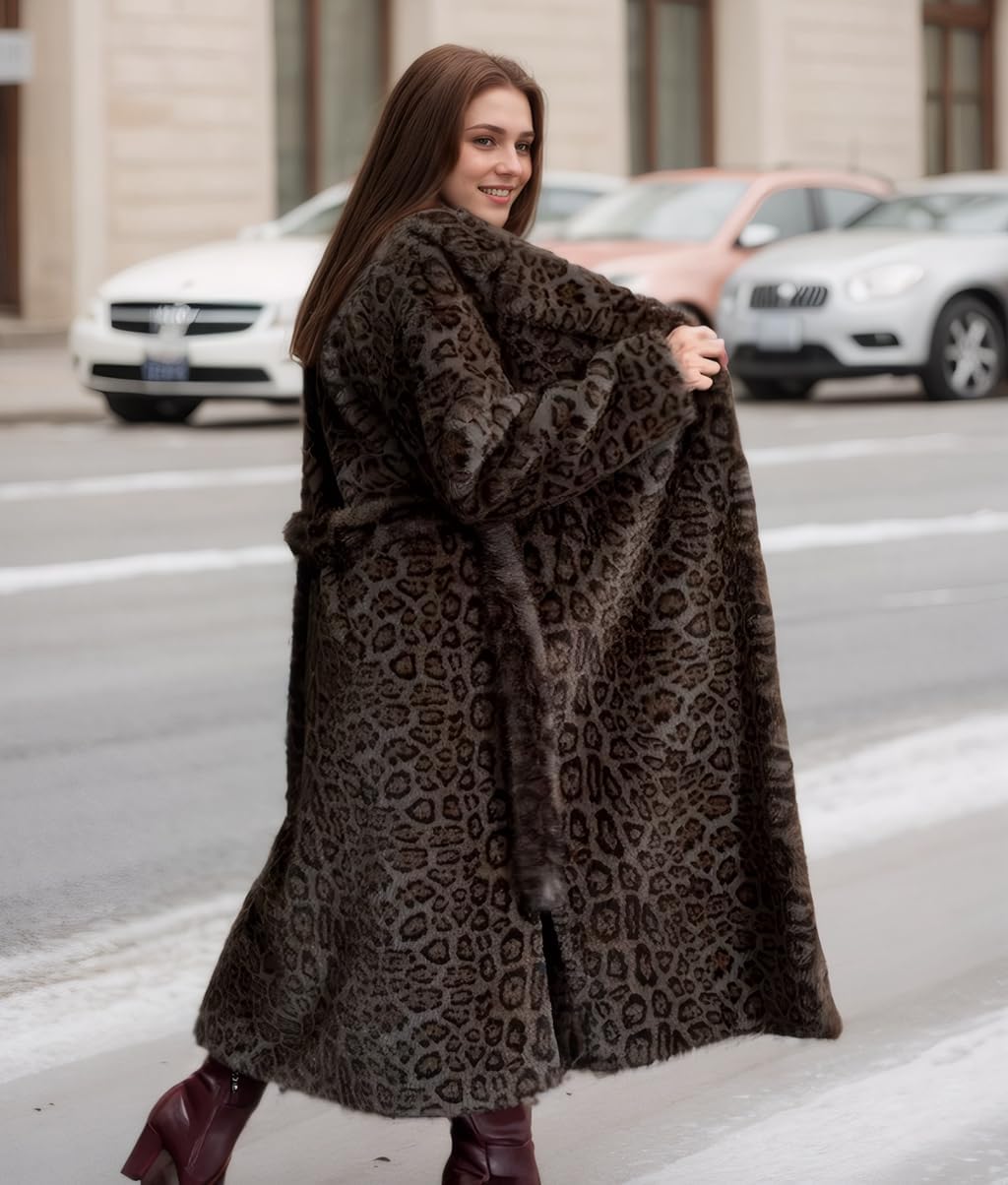 DJBM Women Lapel Maxi Outerwear Cozy Warm Fuzzy Leopard Fake Fur Jacket with Pocket for Winter Outdoor