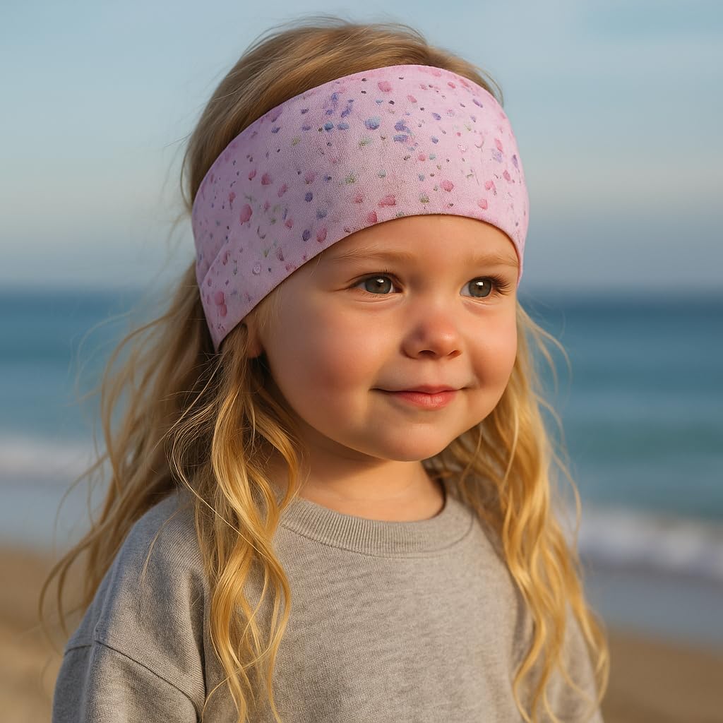 Wollhuhn ÖKO MINI Kinder Breites Elastisches Stirnband/Haarband Deutsche Herstellung Bequem Baumwolle (KU 48-52) (Aquarell Blümchen Rosa)