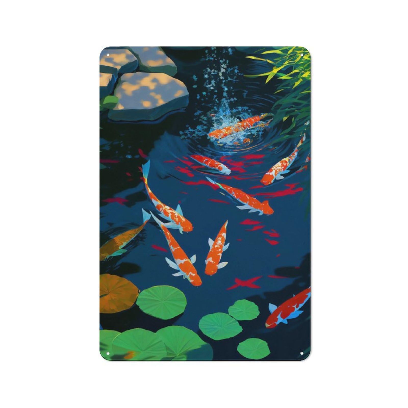 Junmoney Painting Koi Fishes For Man Cave Or Games Room, Retro Metal Plaque 30X20cm, For Metal Sign Collectors, For Garage And Workshop Walls