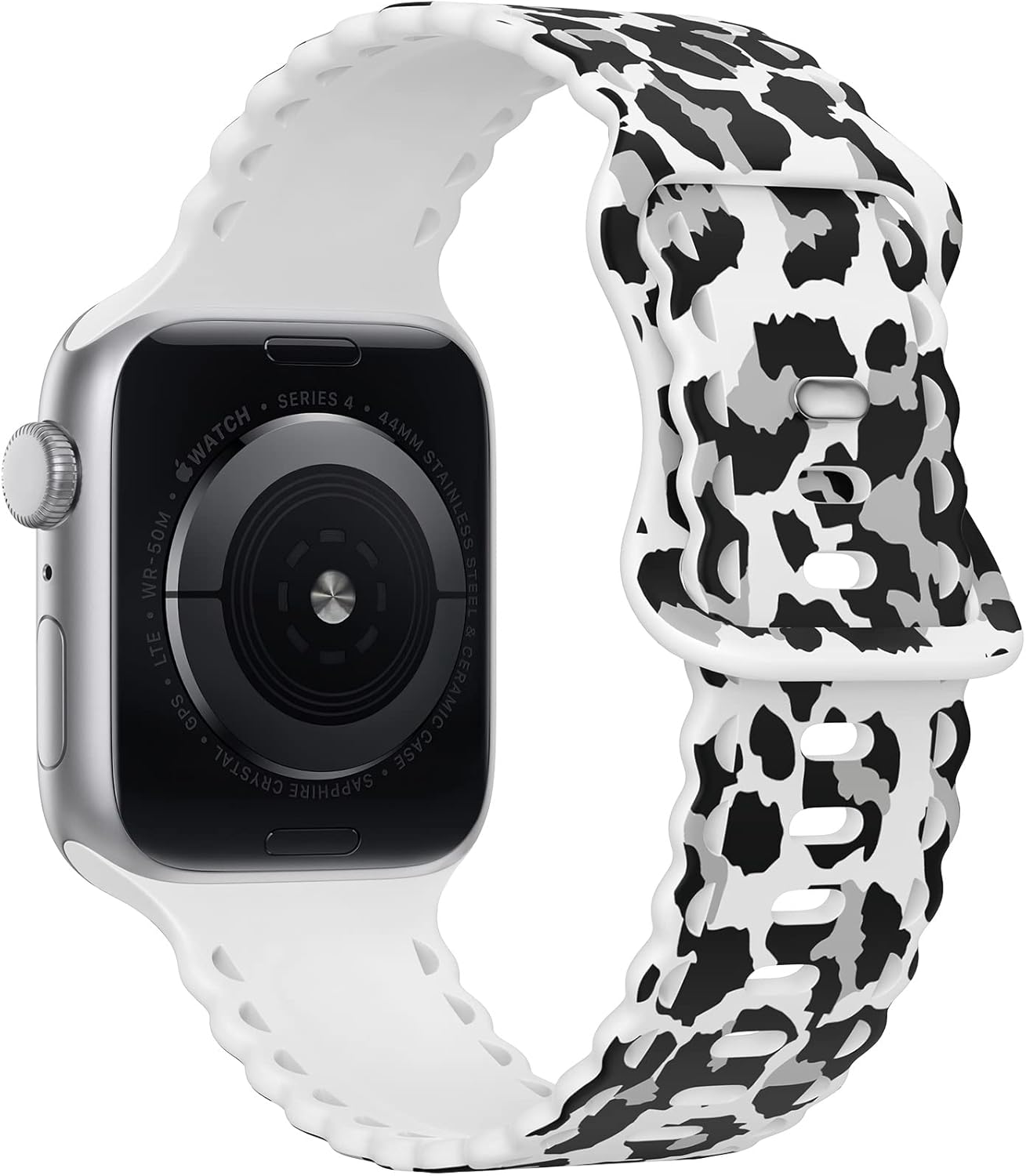 Condition photo showing New/Like New for Compatible with Apple Watch Band 41mm 40mm 38mm 49mm 45mm 44mm 42mm Women, Leopard Print Lace Hollow-out Soft Silicone Sport Bands For iWatch Ultra SE Series 10 9 8 7 6 5 4 3 2, LeoBW-42 C-Black White Leopard 44mm/45mm/46mm/49mm/42mm(Series 3 2 1)