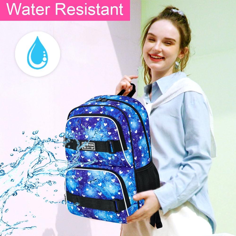 17 Inches Girls Backpack, 3Pcs Love Laptop Backpacks with Lunch Bag, Water Resistant College School Bookbag Set for Teens Students(Blue) - Image 6