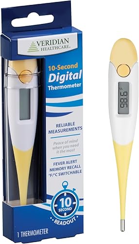 Miniatura 1 de Veridian Healthcare Termómetro digital  Lectura de 10 segundos  Fahrenheit y Celsius  Punta flexible  Alerta de fiebre  1 año de garantía