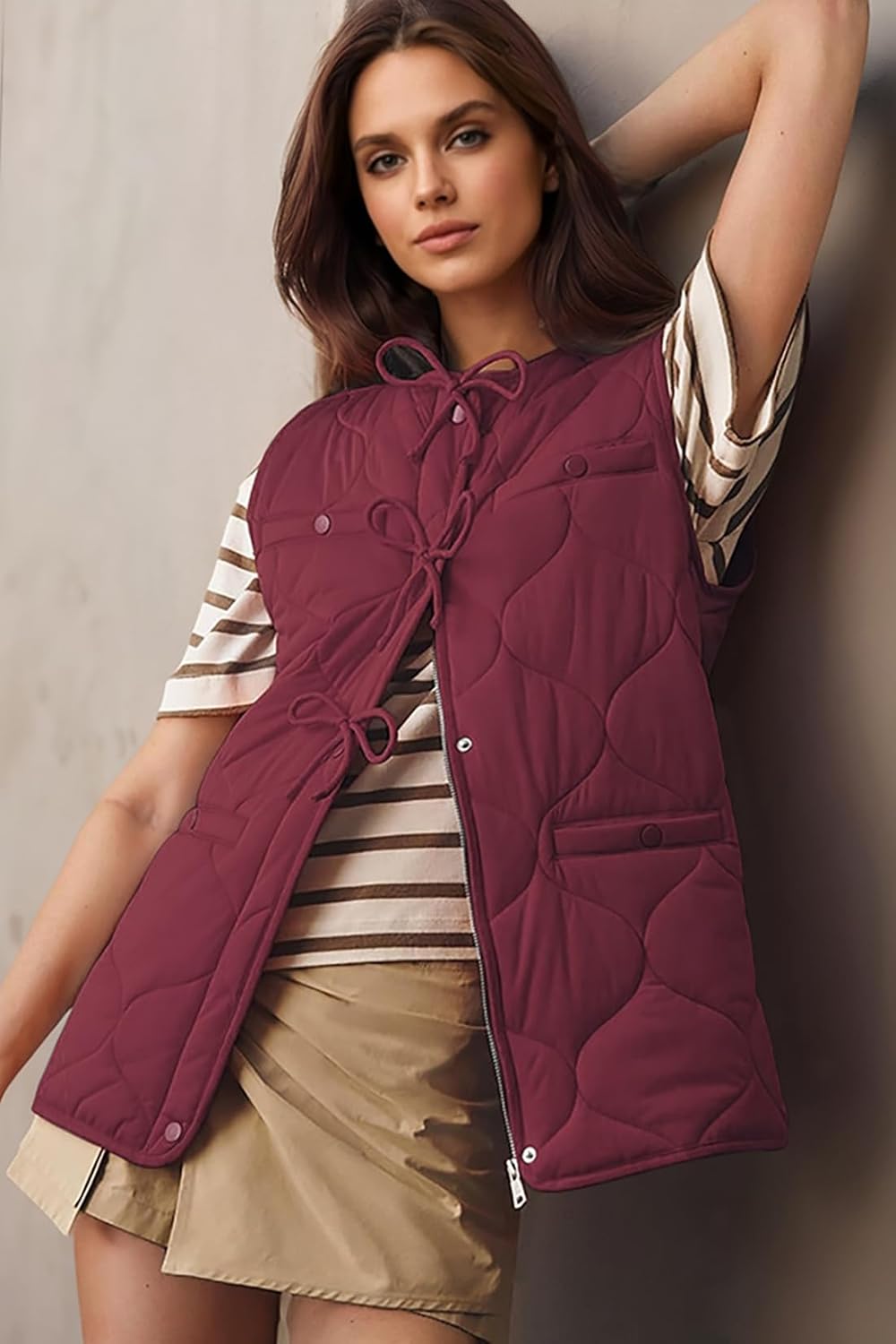 ECOWISH Women Puffer Vest Lightweight Jacket Sleeveless Button Zip Up Winter Coat Quilted Padded Gilet Outerwear with Pockets Wine Red S - Image 2