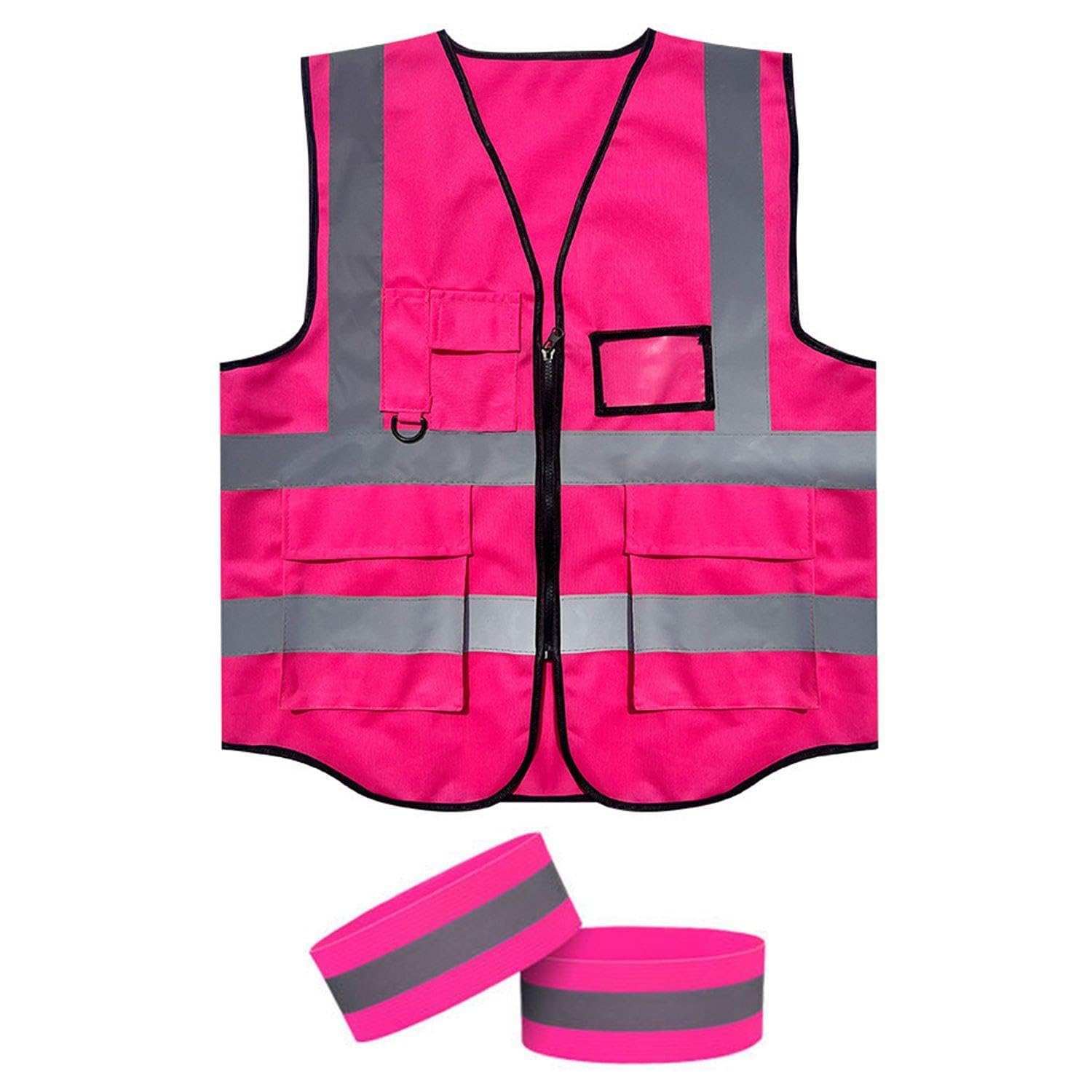 1 Pezzo Di Gilet Riflettente, 1 Paio Di Braccialetti Riflettenti, Classico Gilet Di Avvertimento Di Sicurezza, Giubbotto Di Sicurezza Con Borsa, Decorazione Di Indumenti Rossi Di Rosa
