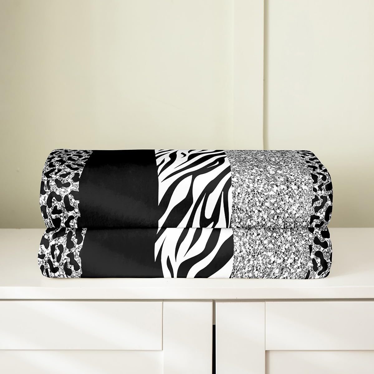Gray Glitter Leopard Print Throw Blanket 40x50 Black White Zebra Skin Print Fleece Blanket for Kids Teens Adults Wild Animal Modern Simple Style Flannel Blanket for Office Chairs