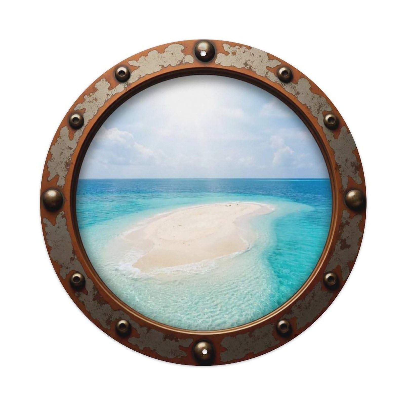 Vintage Porthole Sandbar Island View Vintage Metal Tin Sign Plaque Wall Decor for Cafe, Club Bar, Office, Garden Metal Poster 8x8Inch