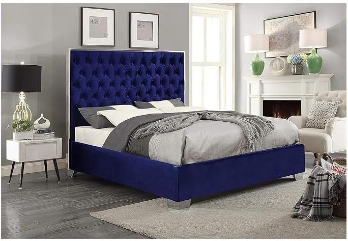 HomeStock Velvet Upholstered Bed with Stainless Steel Frame & Tufting King/Navy