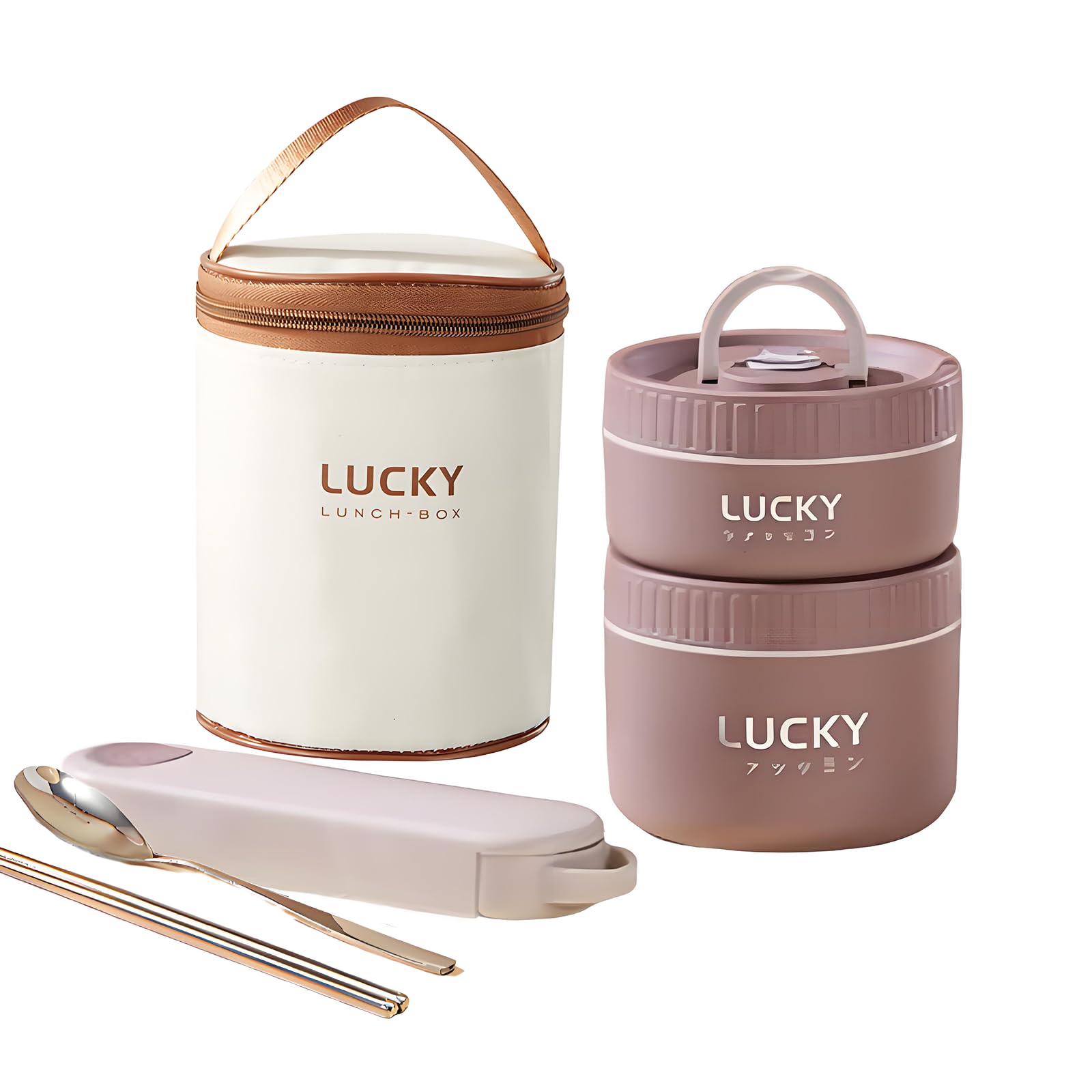 Lonchera de acero inoxidable, caja bento aislada de 3 niveles, apta para microondas, cuenco de sopa para adultos, recipiente térmico para trabajadores de oficina (marrón, 2 piezas + vajilla +