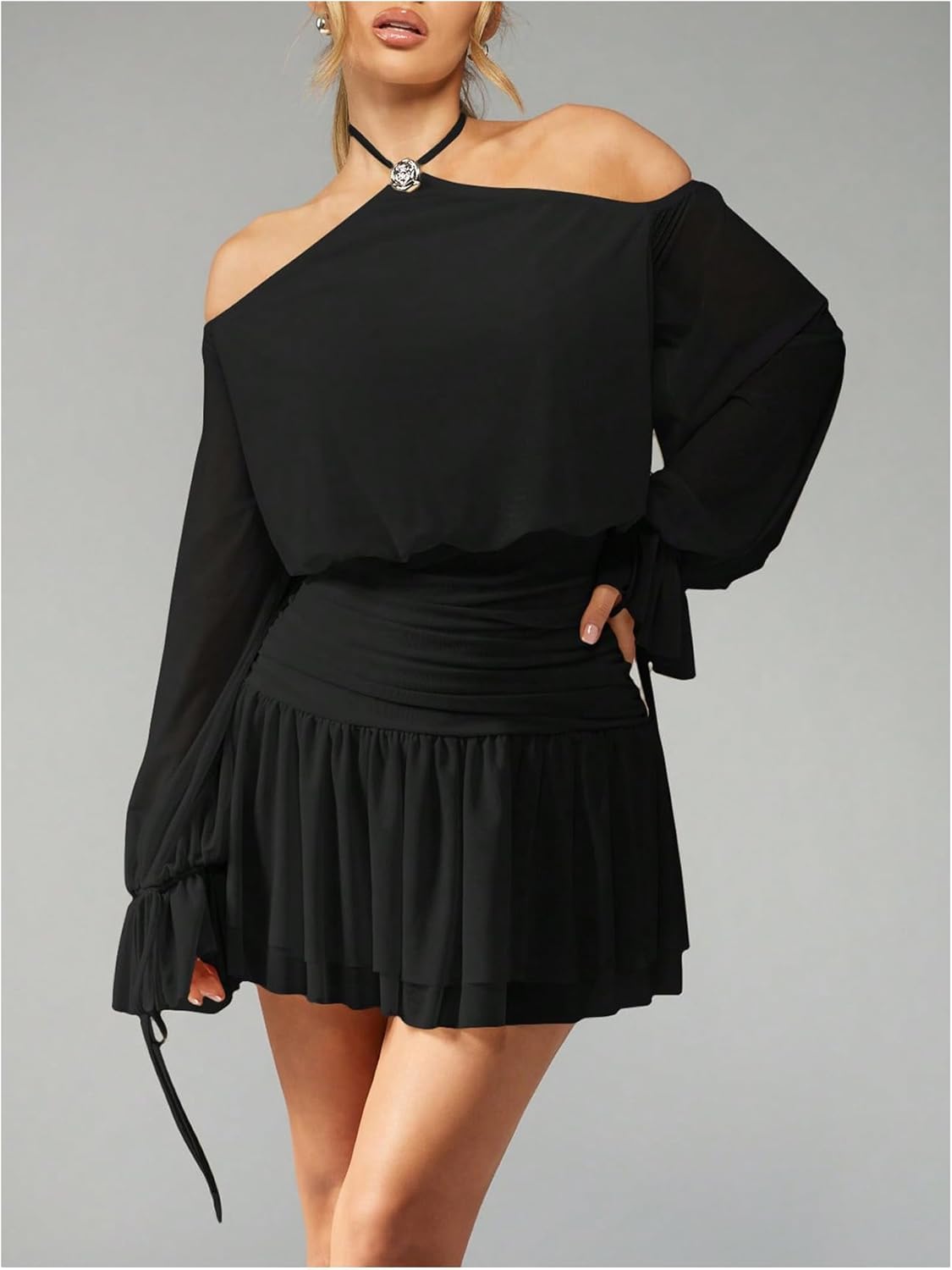 SOLY HUX Women's Plus Size Halter Mini Dress Off The Shoulder Long Sleeve Layered Ruffle A Line Party Cocktail Dresses - Image 3