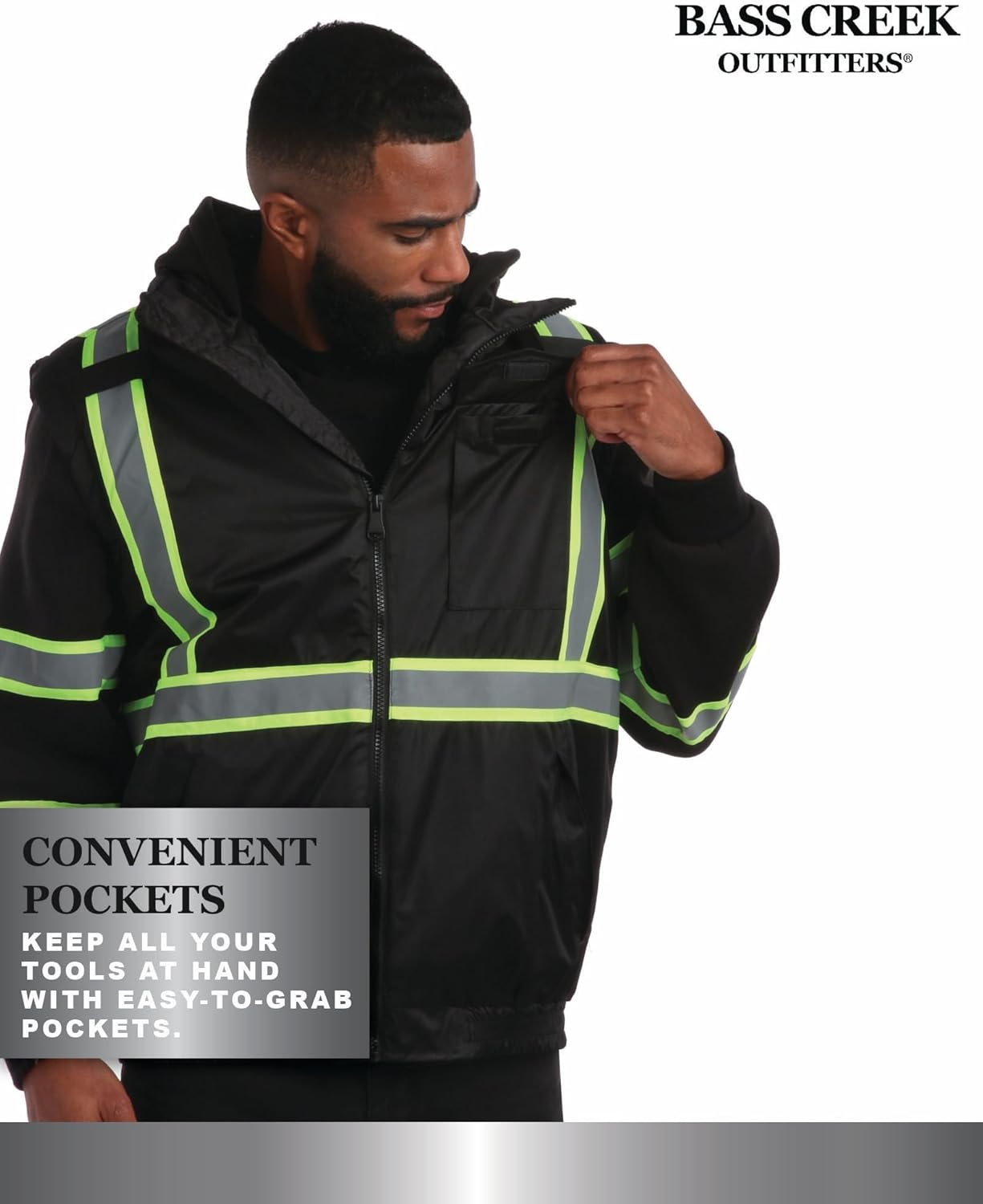 Bass Creek Outfitters Men's Safety Jacket - Hooded Two-Fer Workwear Vest with Reflective Tape & Fleece Sleeves (Sizes: M-XXL)