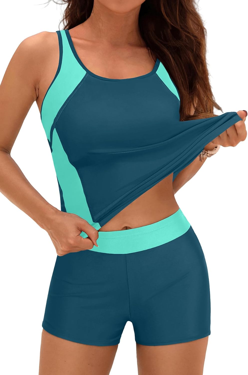 Daci Women 2 Piece Tankini Swimsuit - 2025 Tummy Control Sporty Bathing Suit Color Block Swim Tank Top with Boy Shorts