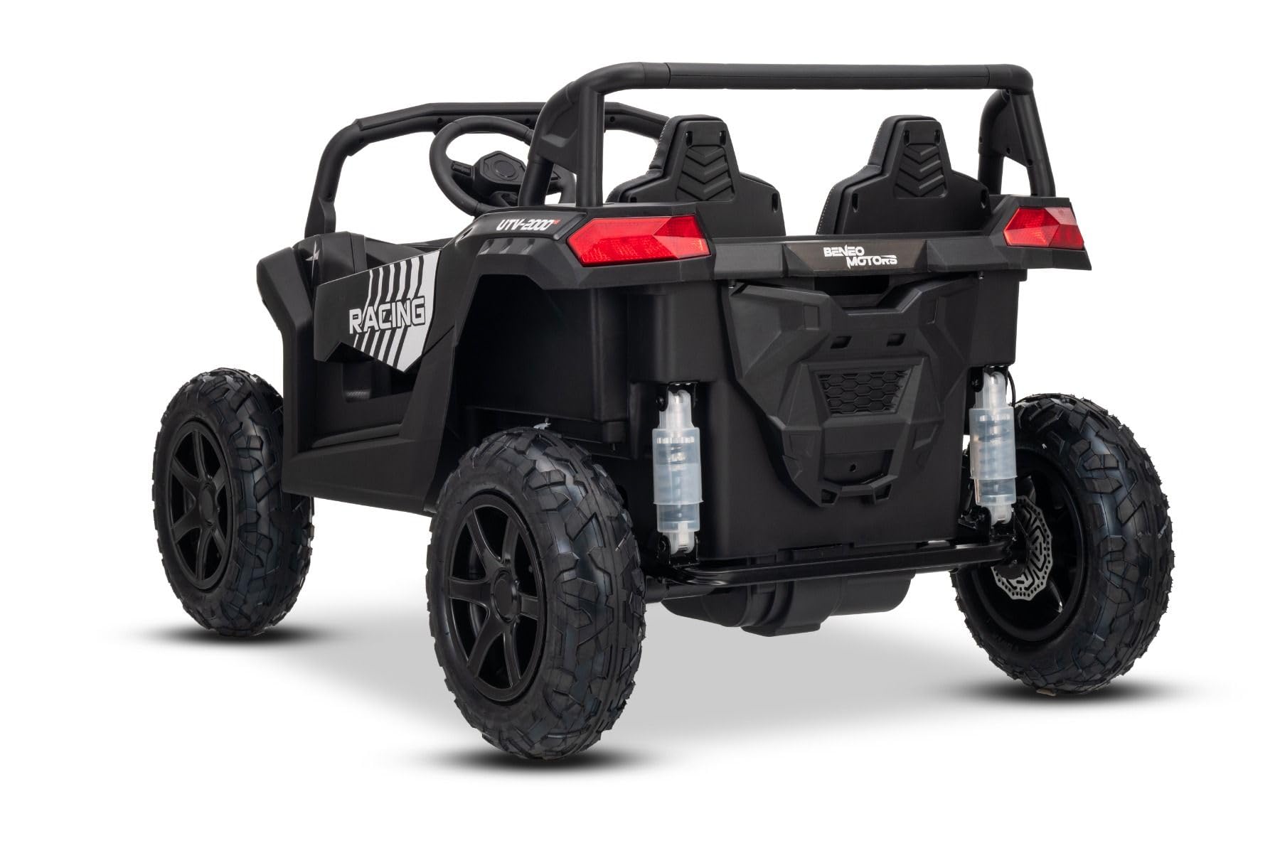UTV XXL 24V elektryczny samochód dziecięcy, czarny, dwumiejscowy, silnik różnicowy, nadmuchiwane gumowe koła, zawieszenie tylne, hamulec tarczowy, wyściełane siedzenie, regulowana kierownica