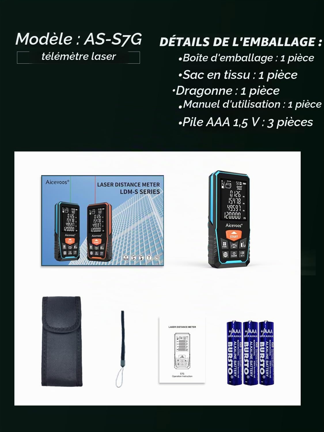 Télémètre Laser, Metre Laser 393ft/120m avec Grand écran avec Rétroéclairage, Niveau numérique, Commutation d’unité M/in/ft, Telemetre Laser, Faisceau Vert