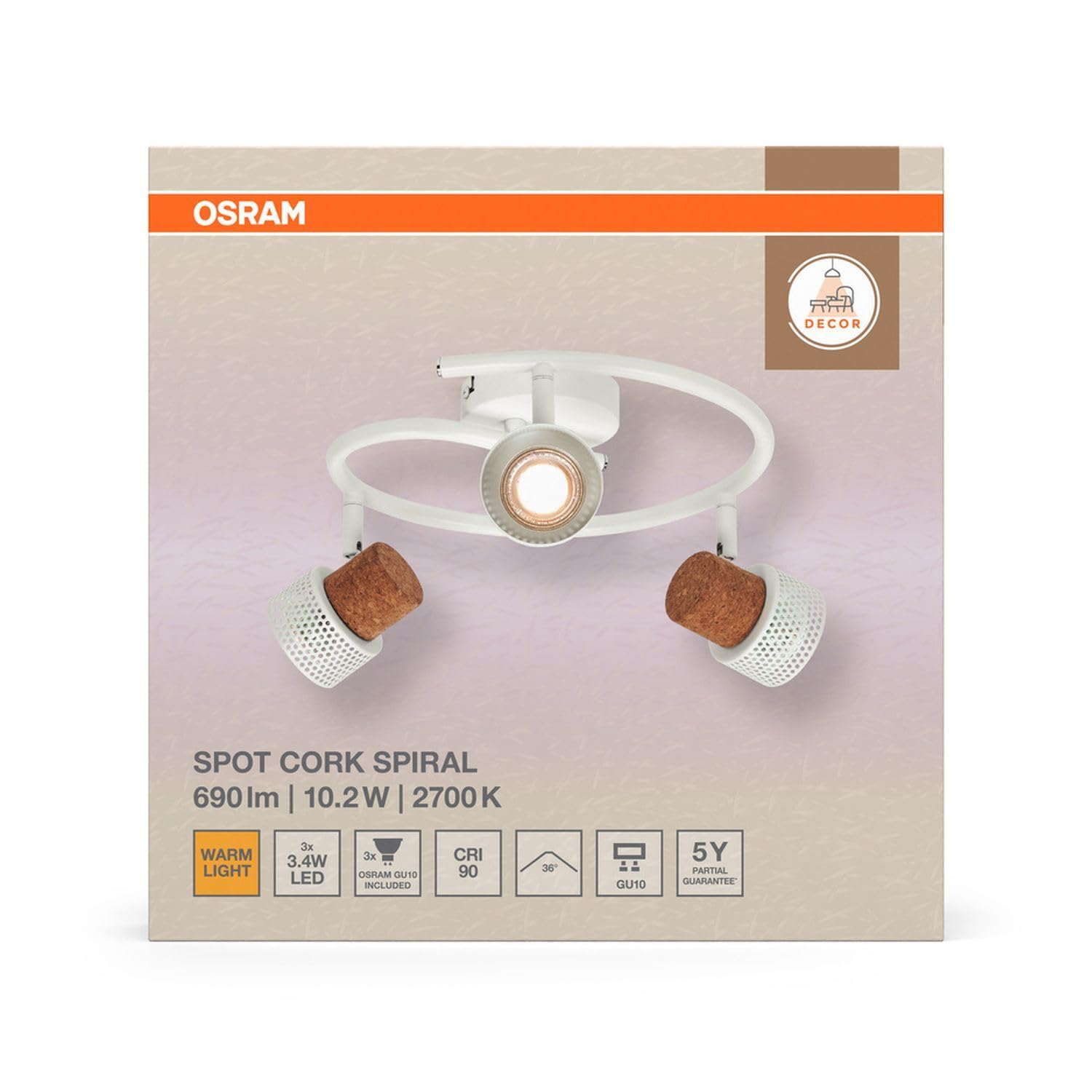 Osram DECOR SPOT CORK Spirale, 3 x 3,4 W, 690 lm, bianco, faretto, teste regolabili, versatili, faretto interno, lampadine LED intercambiabili, dimmerabili, luce bianca calda, GU10