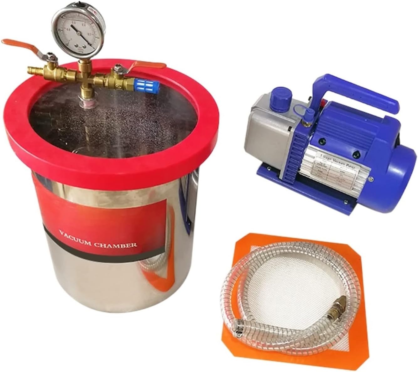 ROROLL Stainless Steel Vacuum Chamber 2/3/5 Gallon with 3cfm Vacuum Pump Defoaming Barrel for Epoxy Resin AB Glue 9L/12L/20L Used in Chemical Industry, Spray, Water Treatment(5Gal RS-1)