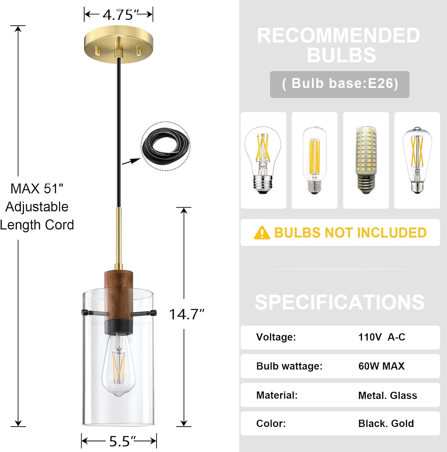3 Pack Modern Farmhouse Hanging Kitchen Island 4.7 Inch Wood Clear Glass Shade Black Pendant Ceiling Light Fixture,Brushed Bronze Finish for Over Sink Dining Room Bedside