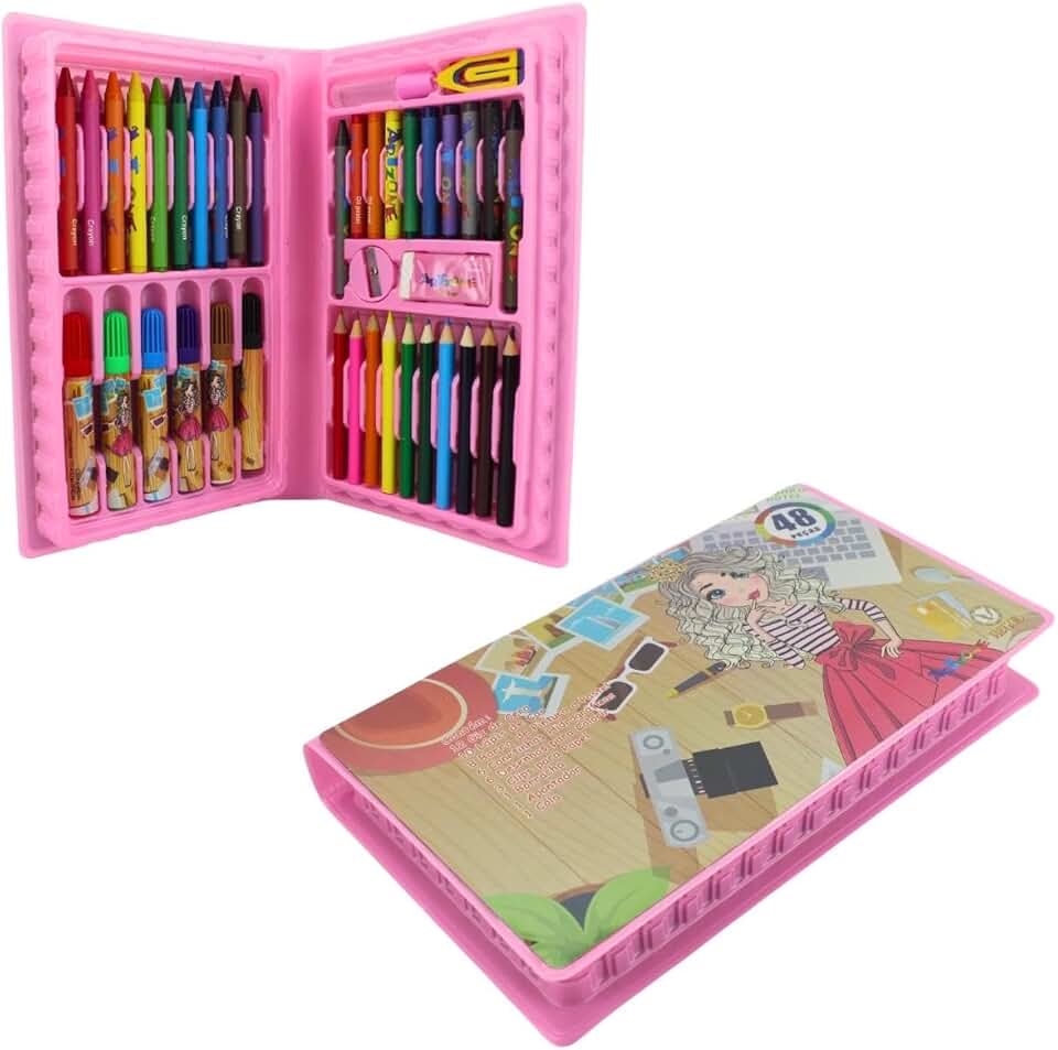 Kit de Pintura Infantil 48 Peças, Maleta de Artes Completa com Lápis de Cor, Giz de Cera e Canetinhas, Rosa