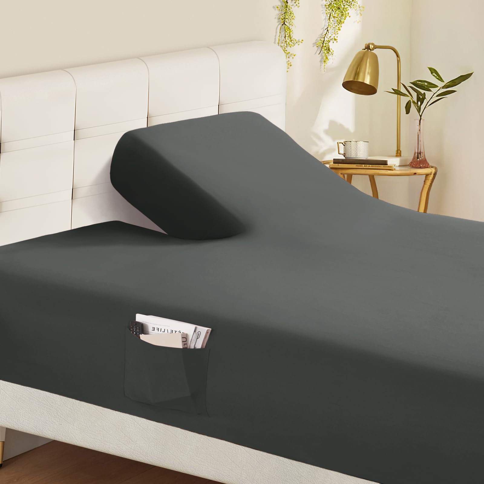 Horbaunal Split Top King Fitted Sheet Only for Adjustable Beds, Soft Microfiber Split Head Flex King Fitted Bed Sheet Fits Up to 16" Deep Mattress, Dark Grey