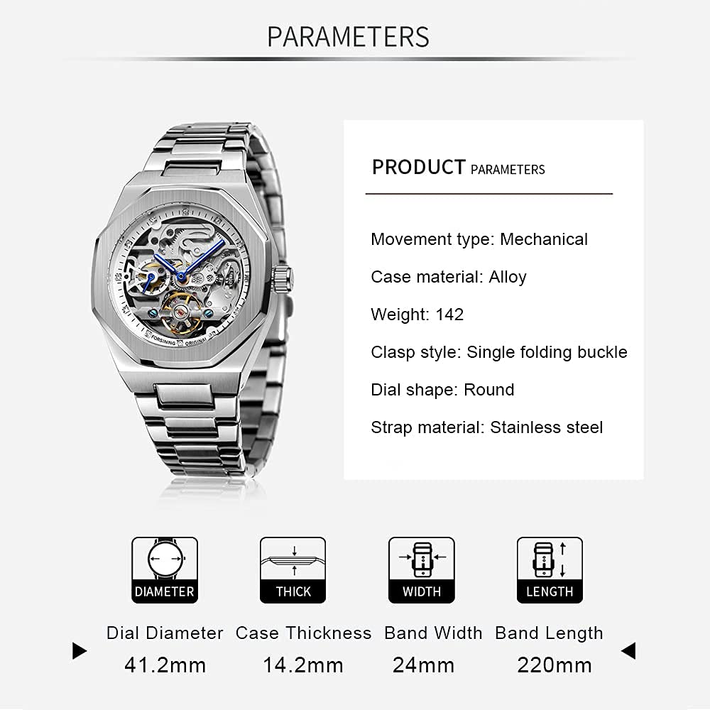 Tiong Montre pour Homme Montres Automatiques Montre-Bracelet Lumineuse MéCanique RéSistance Aux Chocs Steampunk Militaire Argent Noir