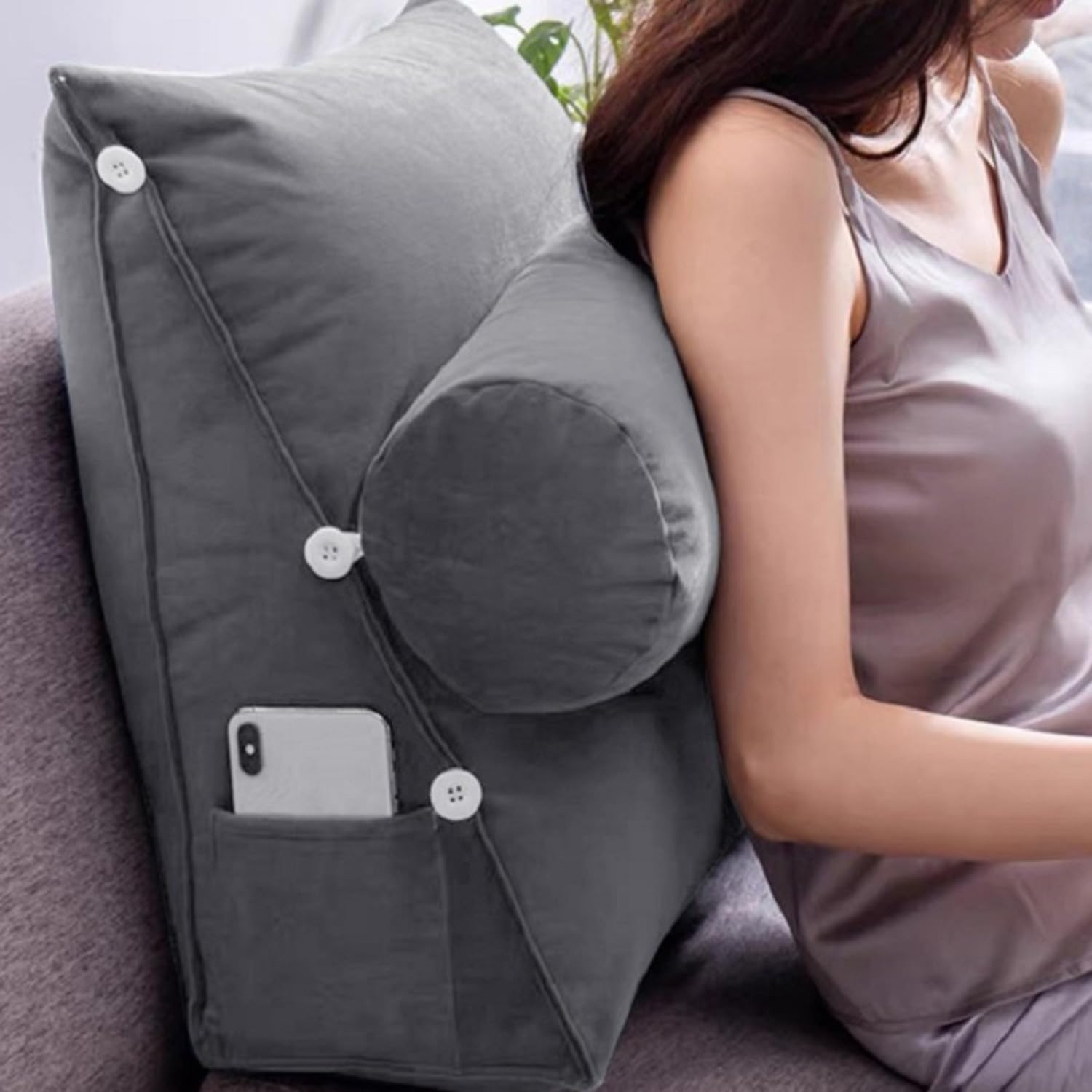 Almohada de Lectura Triangular para el hogar, Almohada de Apoyo Lumbar de cuña, cojín de Cama Suave, cojín de Cintura de sofá, cojín de Respaldo, Almohada Ajustable para el Cuello y Bolsillo