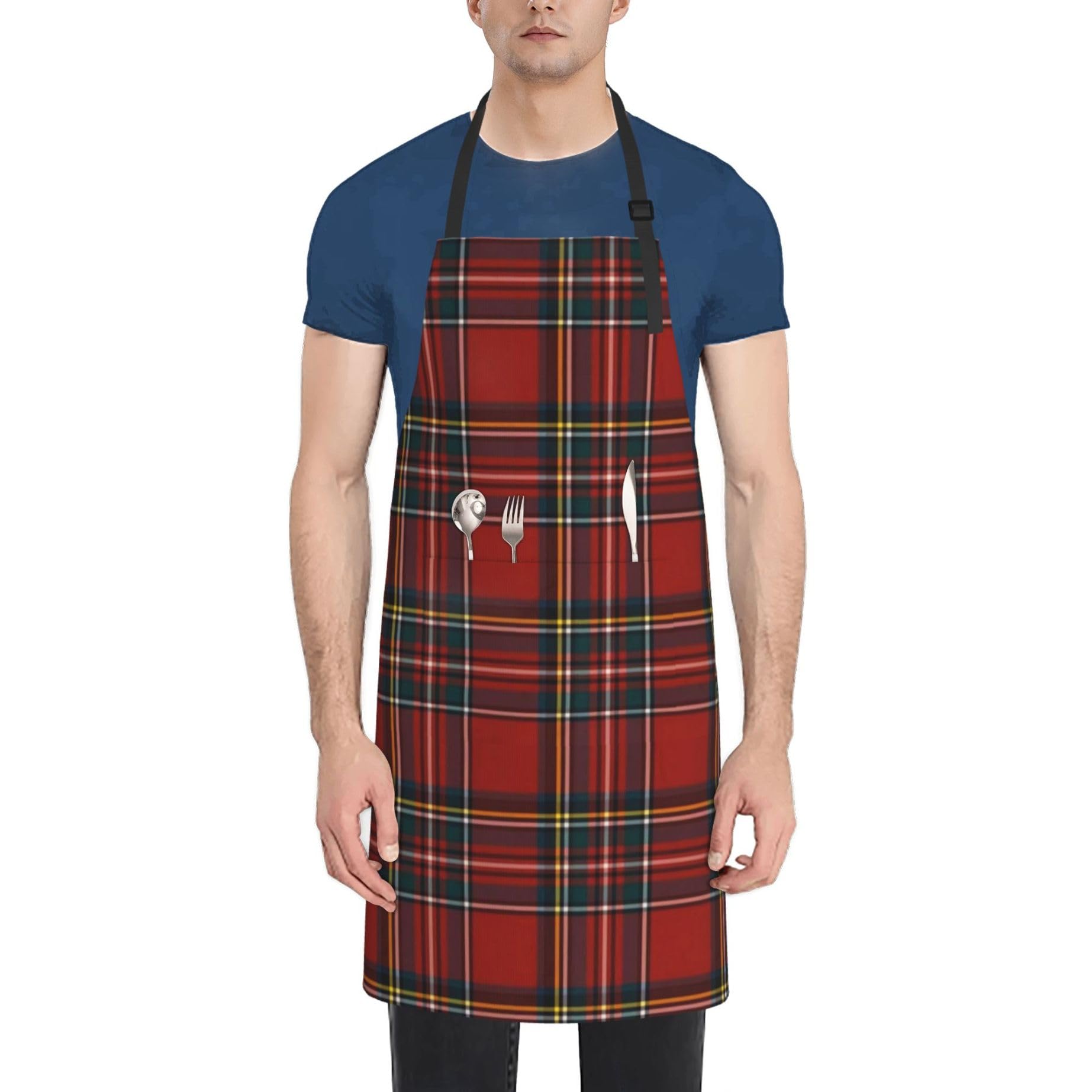 Fwjzdsp Women's As Pic Red Scottish Plaid Royal Stewart Tartan Aprons For Men With Pockets Kitchen Adjustable Waterproof Aprons For Chef Cooking Bbq Grill