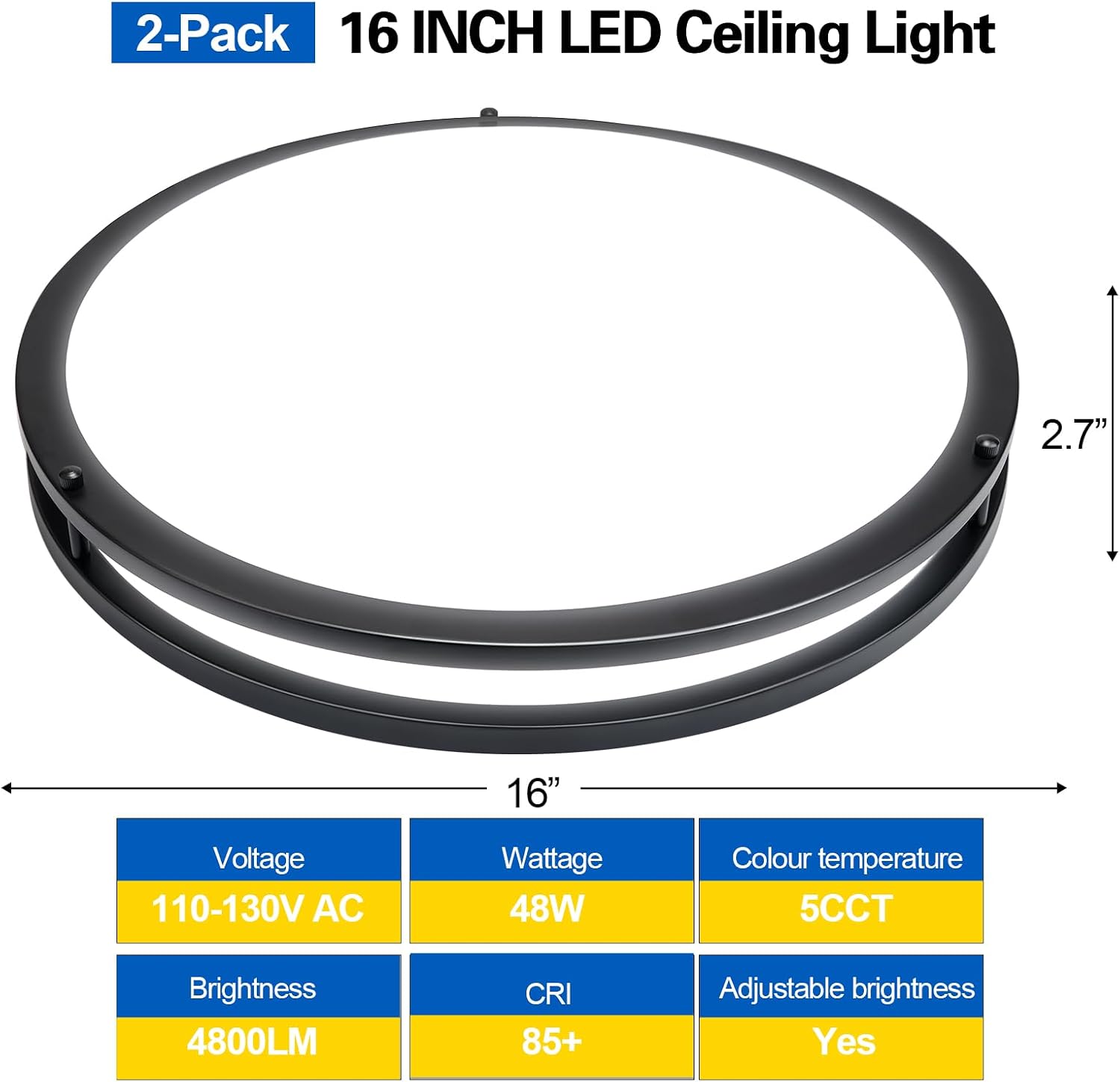 OOWOLF 16inch LED Flush Mount Ceiling Light Fixture Dimmable Matte Black, Easy Install LED Ceiling Lamp Fixture Without Flicker, Super Bright 48W 4800LM 5CCT Warm to White Light 3000K to 6000K 2-Pack image 5