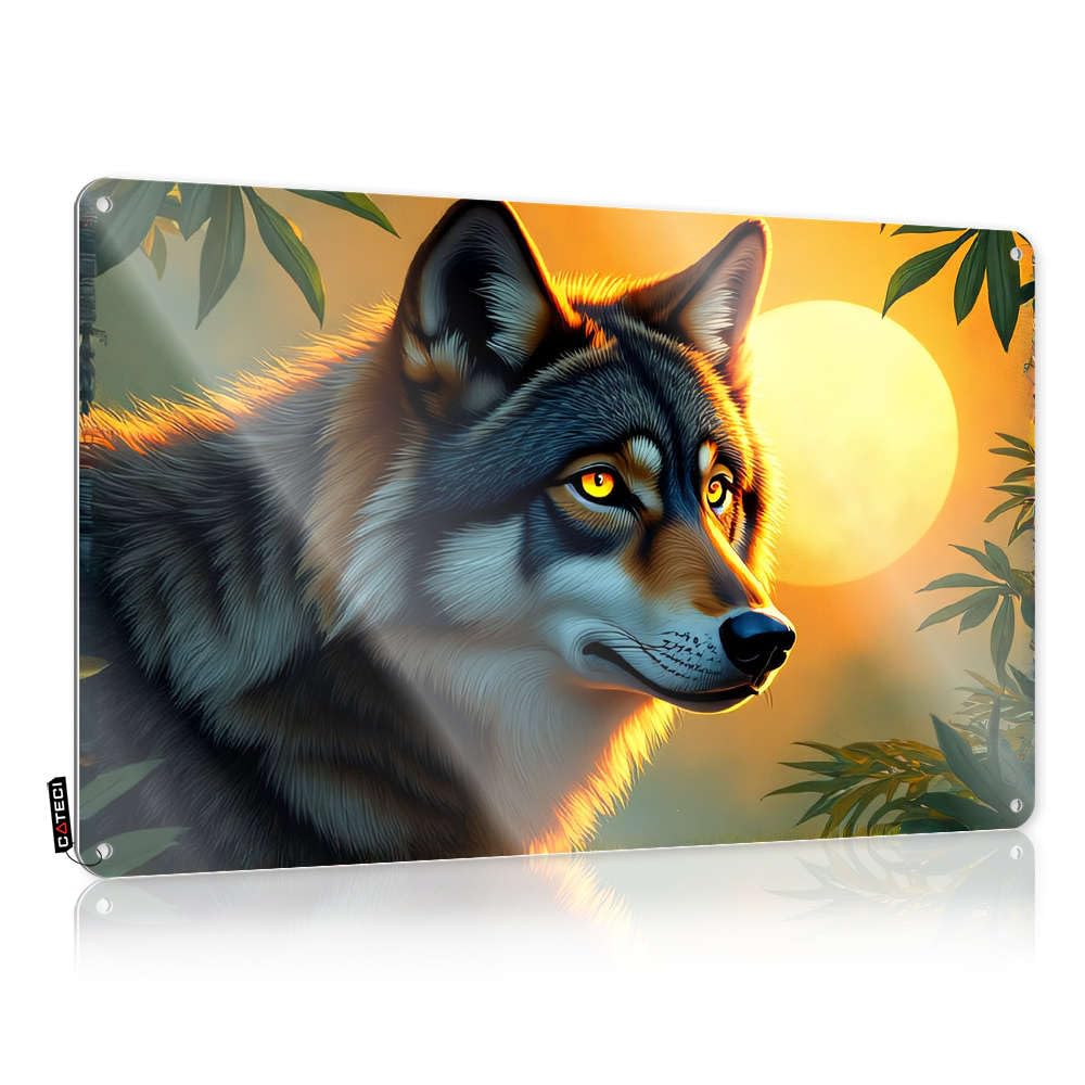 Fzfn Colour Small Metal Wall Decoration Rustic Wall Poster, Guys Funny Quote Design For Space Garage | Designer Anti-Rust Metal A Wolf Stands In Front Of A Glowing Moon(20X30cm)