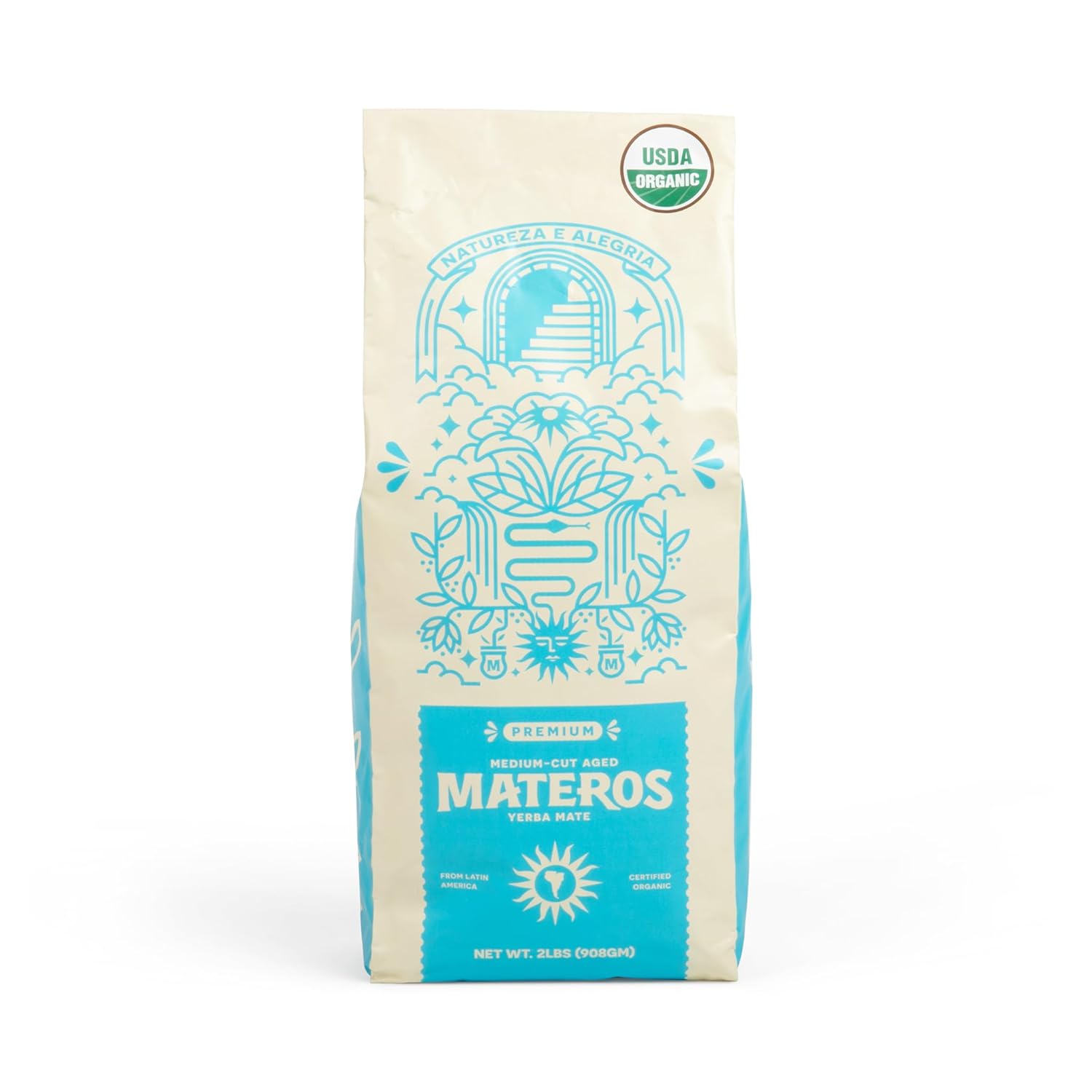 Materos Premium Loose Leaf Yerba Mate Tea - Organic, Unsmoked, Smooth Traditional Taste from South Brazil - Medium Cut, Ideal Hot Drink for Cold Weather, Pure Natural Energy & Focus - 2 LBs