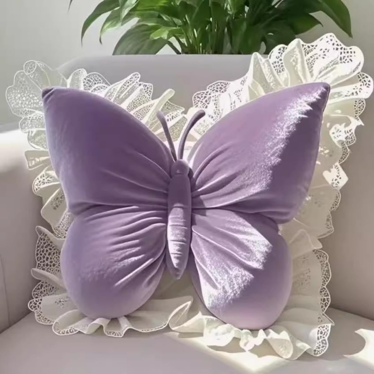 BWGHBH Butterfly Lace Throw Pillow Waist Support Cushion Backing Block Cute Stuffed Plush For Sofa Bedroom Couch Car Seat Soft Plump Headrest 19.6x17.7Inches Purple
