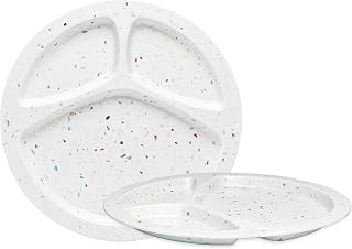 bzyoo 11-Inch Divided Plates Set of 2, 100% Melamine Portion Control Plates for Adults & Kids, Modern Confetti Pattern, BPA-Free & Dishwasher Safe, Ideal for Camping, RV, and Daily Use (White)
