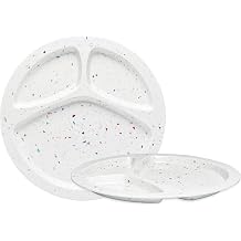 bzyoo 11-Inch Divided Plates Set of 2, 100% Melamine Portion Control Plates for Adults & Kids, Modern Confetti Pattern, BPA-Free & Dishwasher Safe, Ideal for Camping, RV, and Daily Use White
