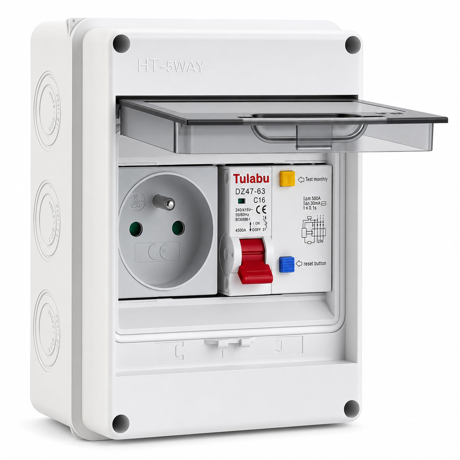Centralino portafusibili parete IP65 con presa e RCD 16 A | Centralino portafusibili parete 1 fila con presa 16A e interruttore magnetotermico C16A 230 V, per uso interno ed esterno