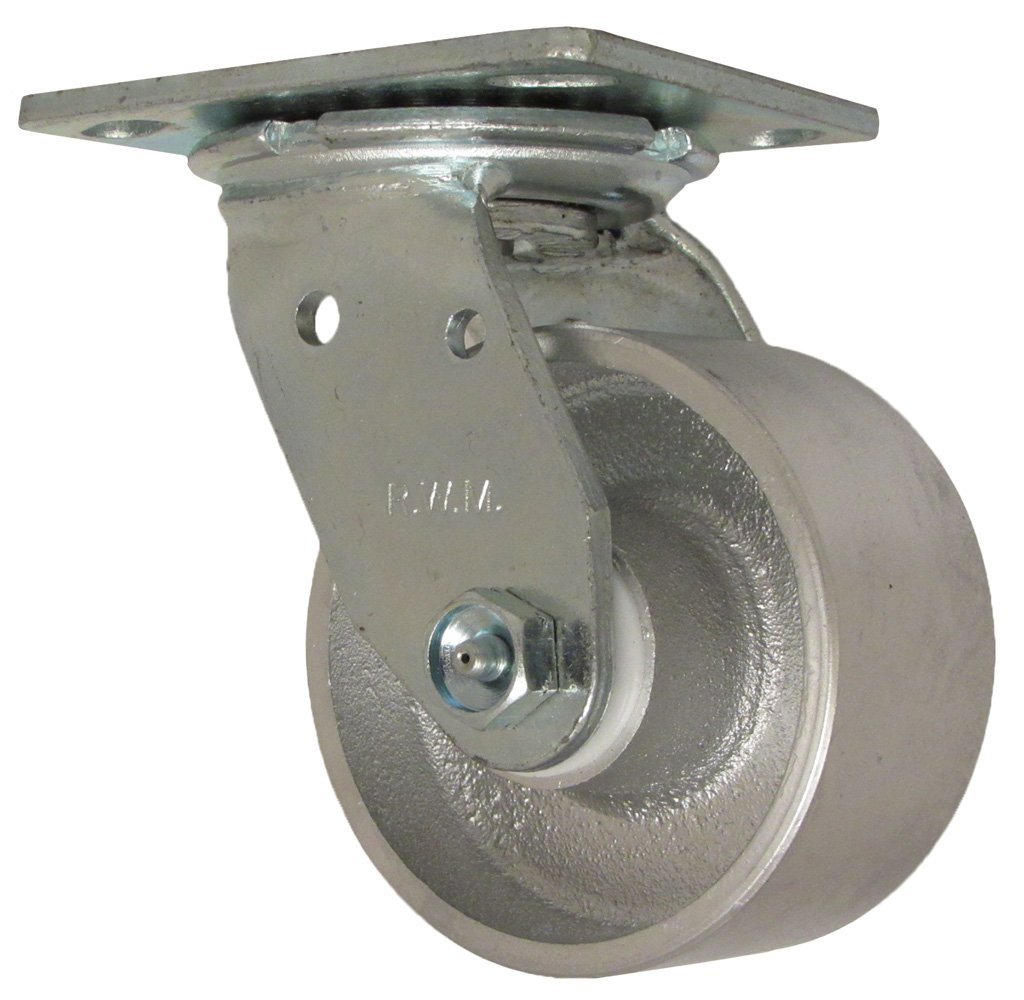 RWM Casters46 Series Plate Caster, Swivel, Cast Iron Wheel, Celcon Bearing, 800 lbs Capacity, 4" Wheel Dia, 2" Wheel Width, 5-5/8" Mount Height, 4-1/2" Plate Length, 4" Plate Width