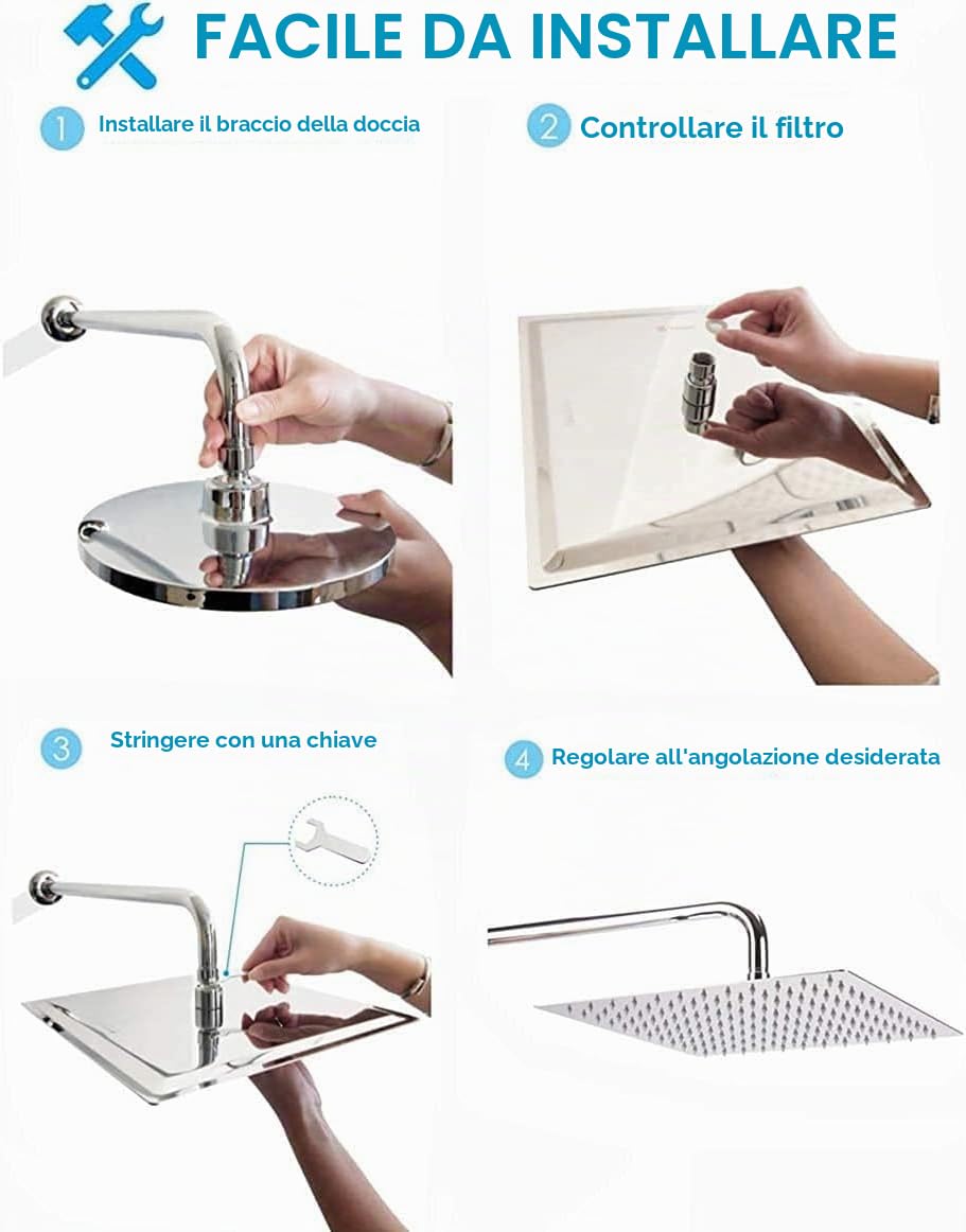 Soffione Doccia a Pioggia in Acciaio Inox, 30 x 30 CM, 12 Pollici Docce Fisso Quadrato, Acciaio, Cromo, ugello anti-otturazione