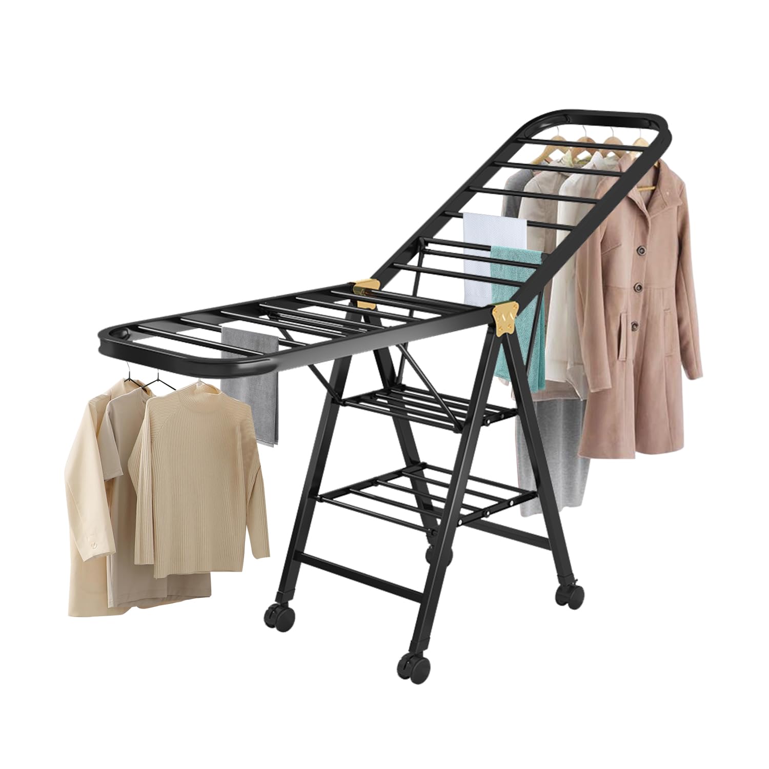 Necomi Foldable Drying Rack, 3-Layer Clothes Dryer 170 * 95 * 47cm, Large Clothes Drying Rack with Wheels, Sturdy and Durable, Height Adjustable, Stainless Steel