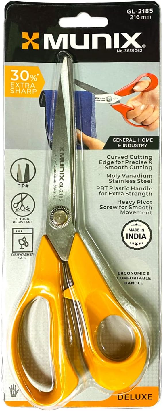 GL-2185 216 mm / 8.5" Stainless Steel Scissors | Round Tip with Curved Blades with Shock Proof Body | Ergonomic & Comfortable Handles | Yellow, Pack of 1 - Color May Vary